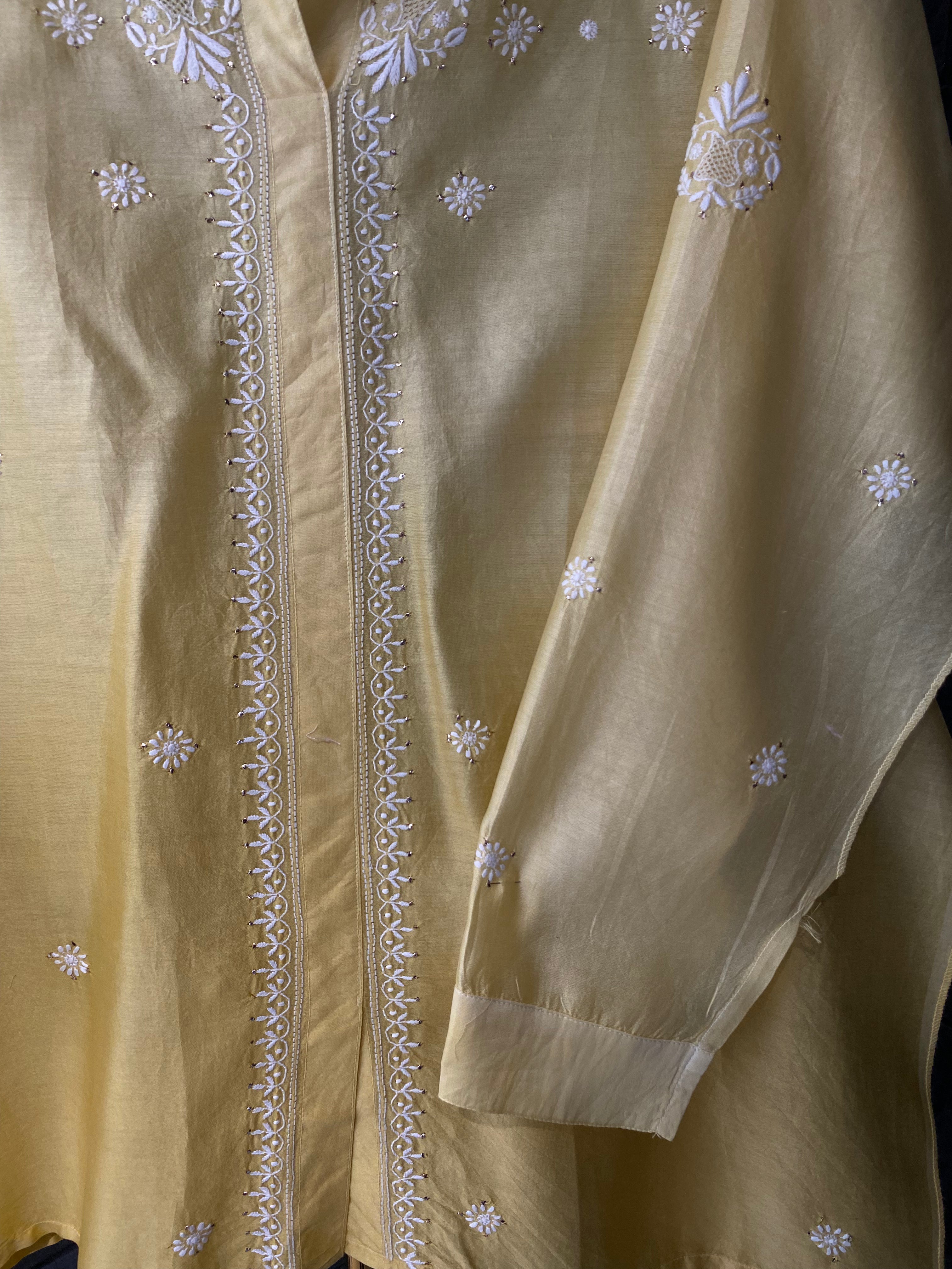 Yellow Ombre Chanderi Chikankari Mukaish Co-ord Set