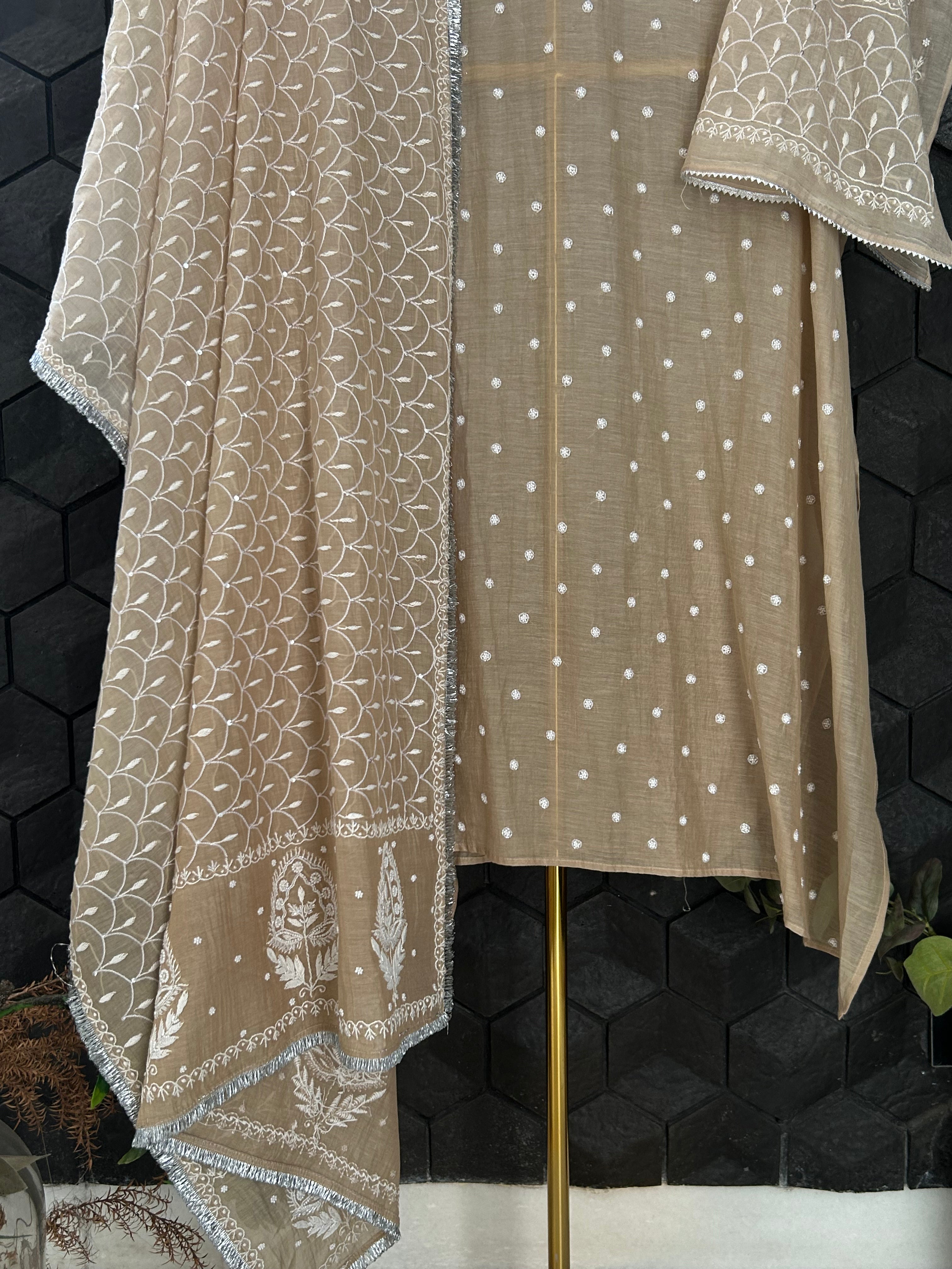 Brown Mul Chanderi Chikankari Kurta Set