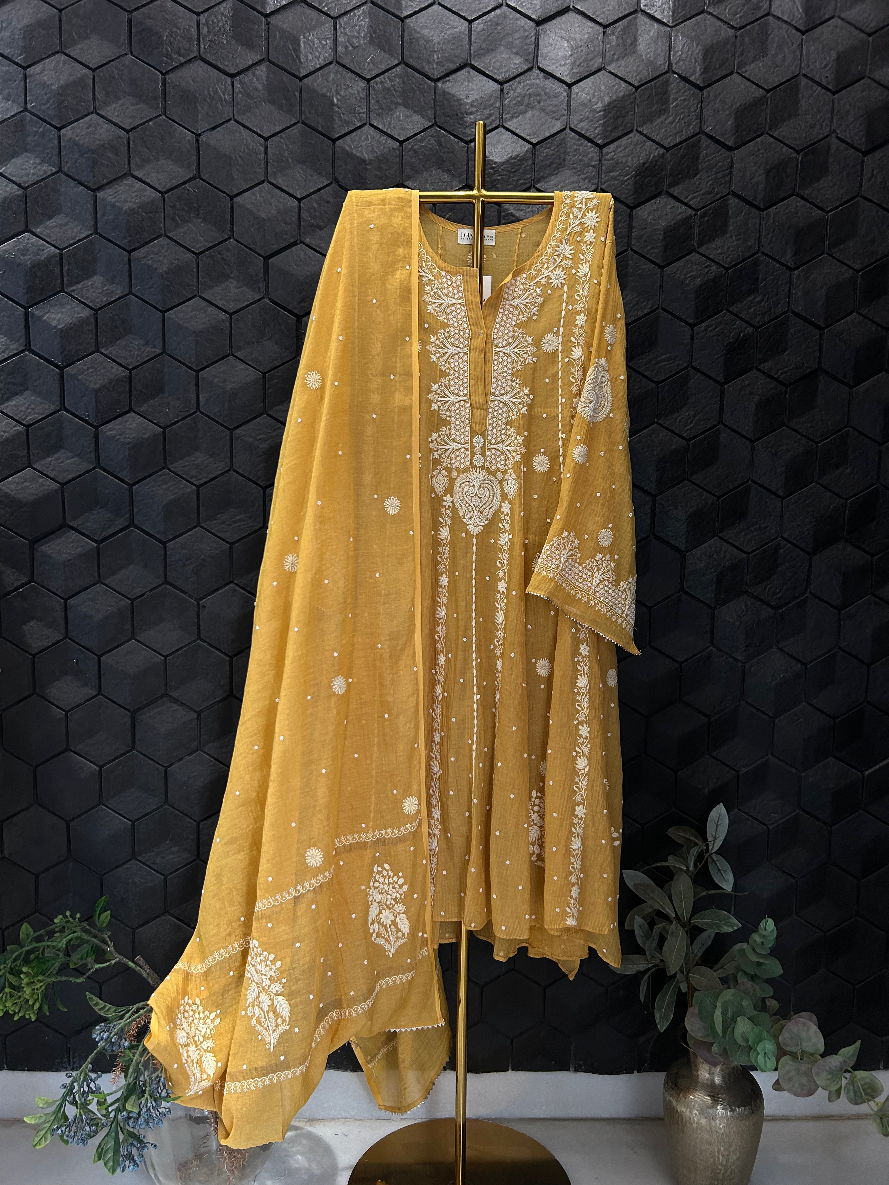 Yellow Striped Tissue Chikankari Anarkali Set