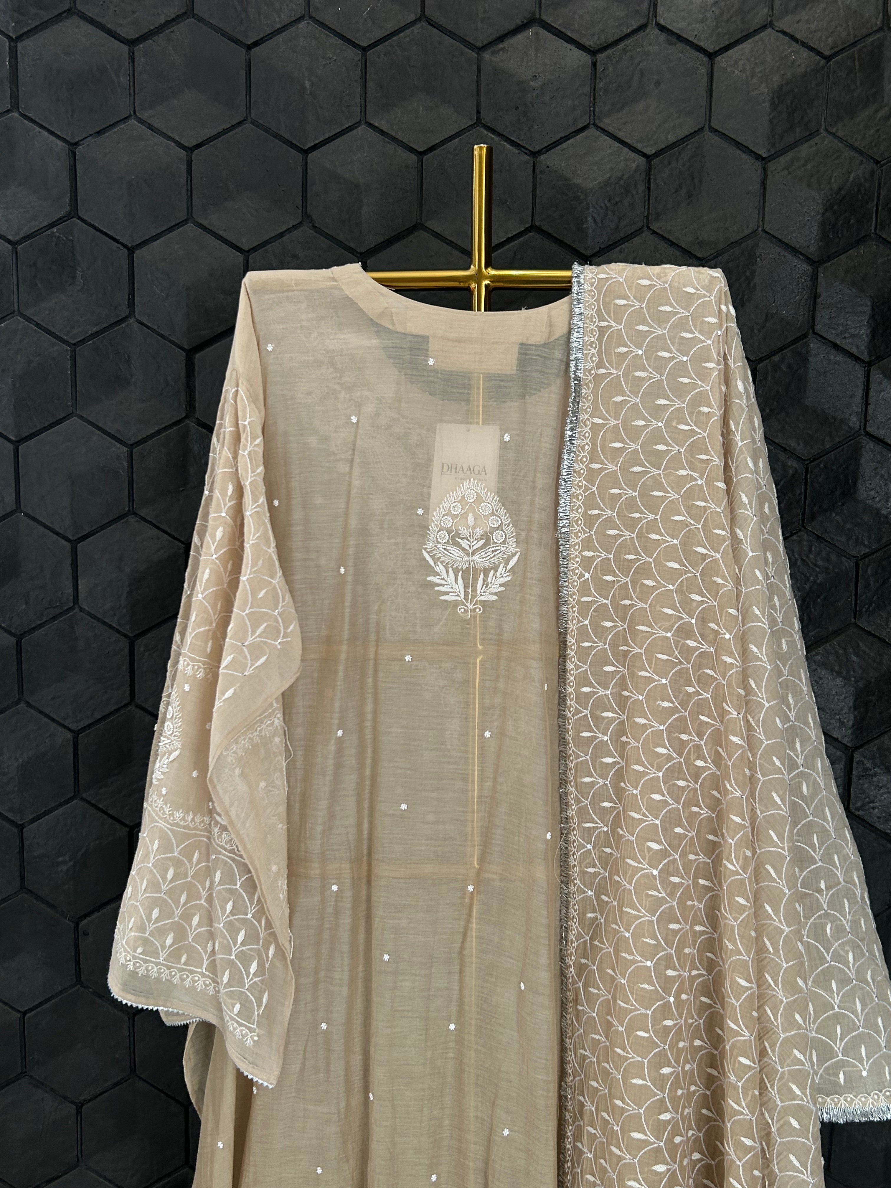 Brown Mul Chanderi Chikankari Kurta Set