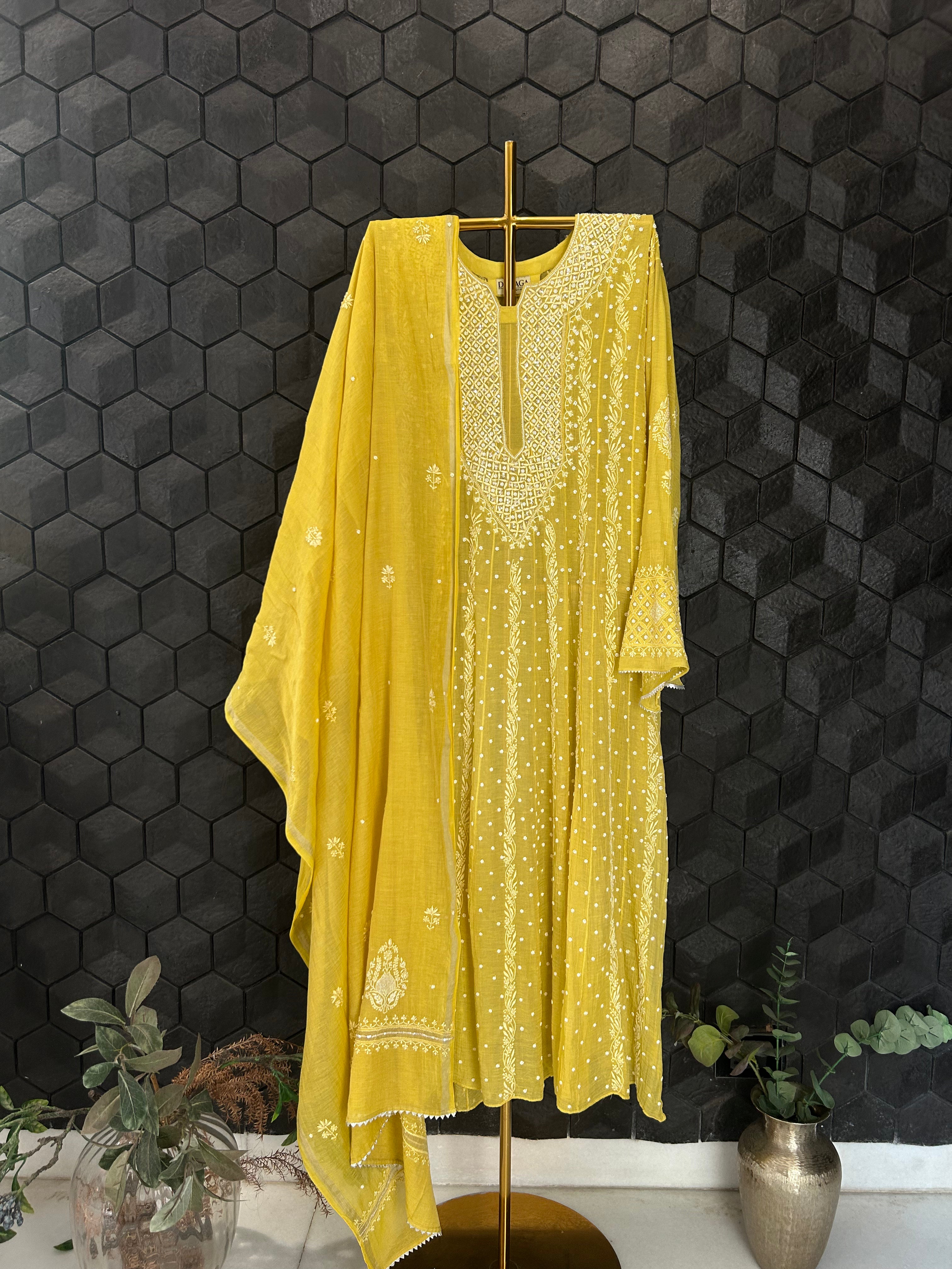 Yellow Silver Tissue Chikankari Anarkali Set