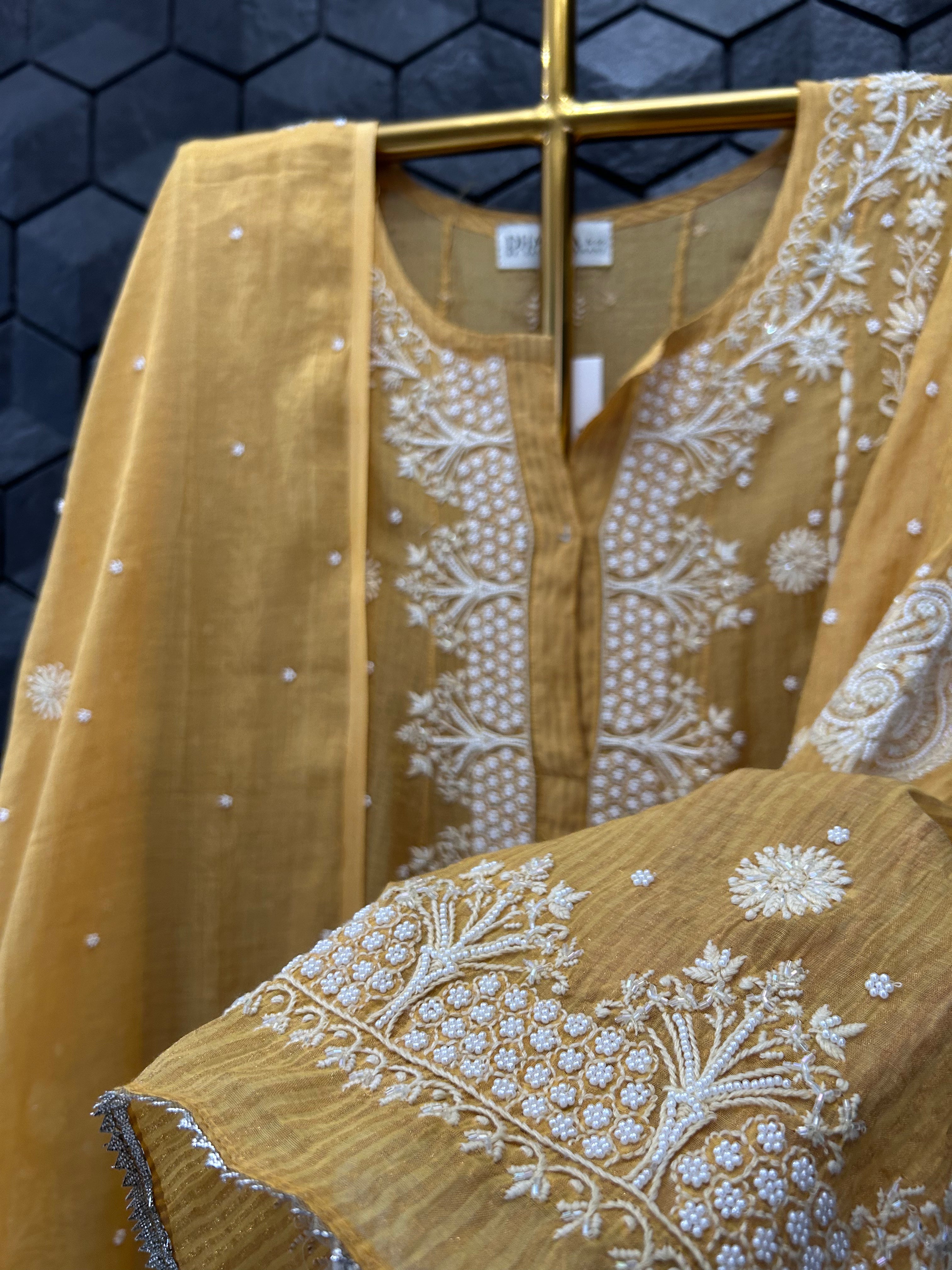 Yellow Striped Tissue Chikankari Anarkali Set