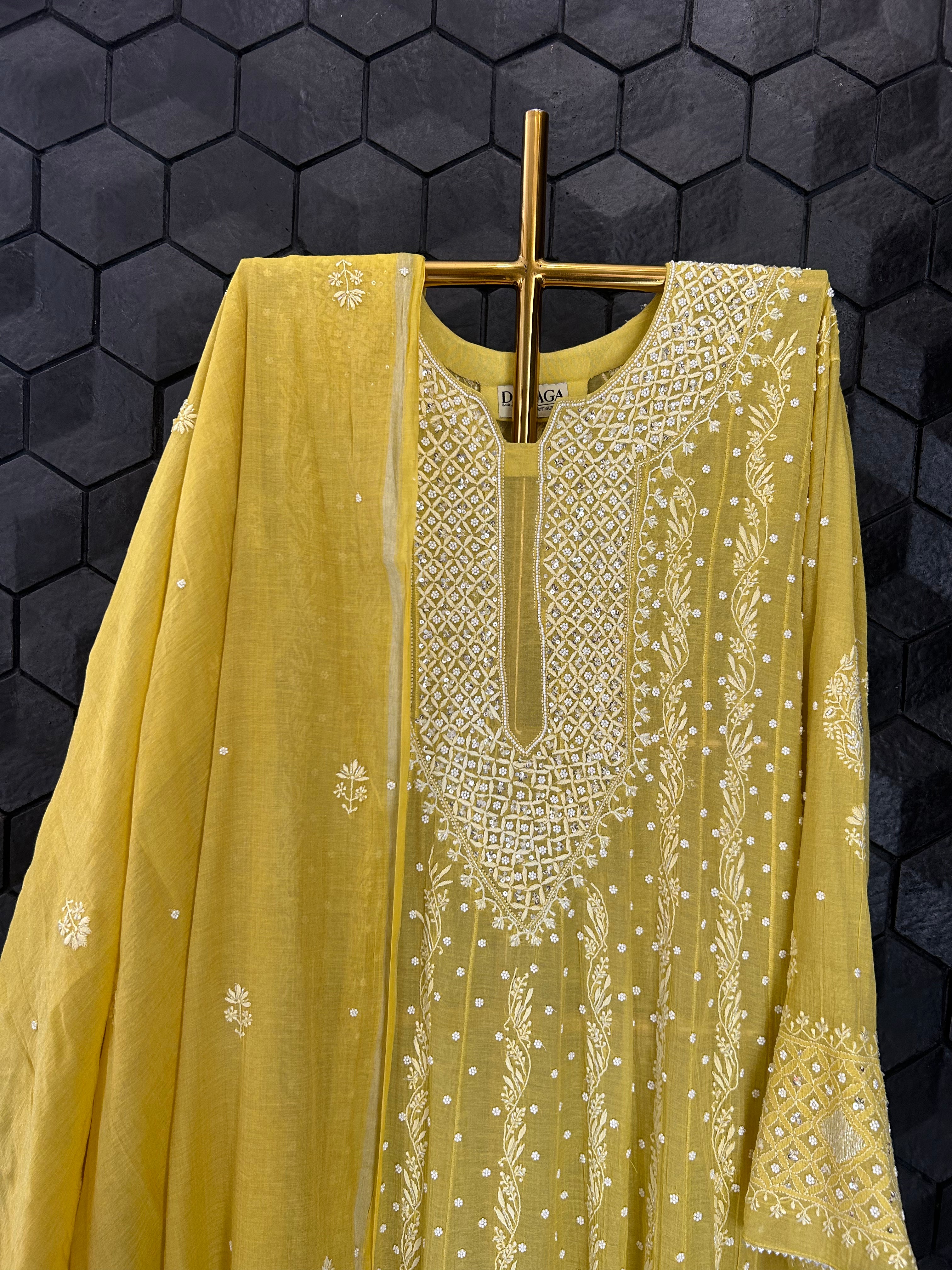 Yellow Silver Tissue Chikankari Anarkali Set