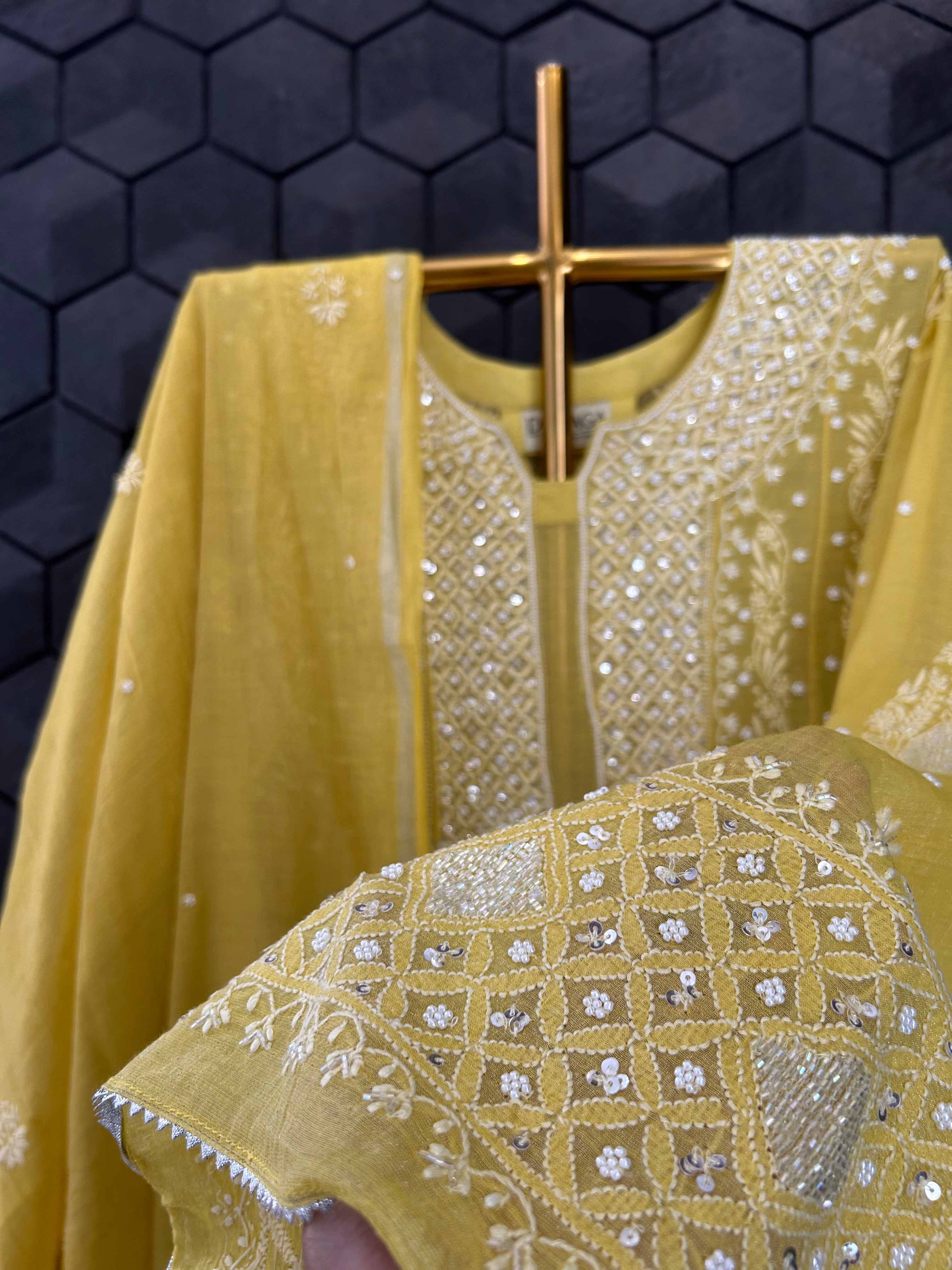 Yellow Silver Tissue Chikankari Anarkali Set