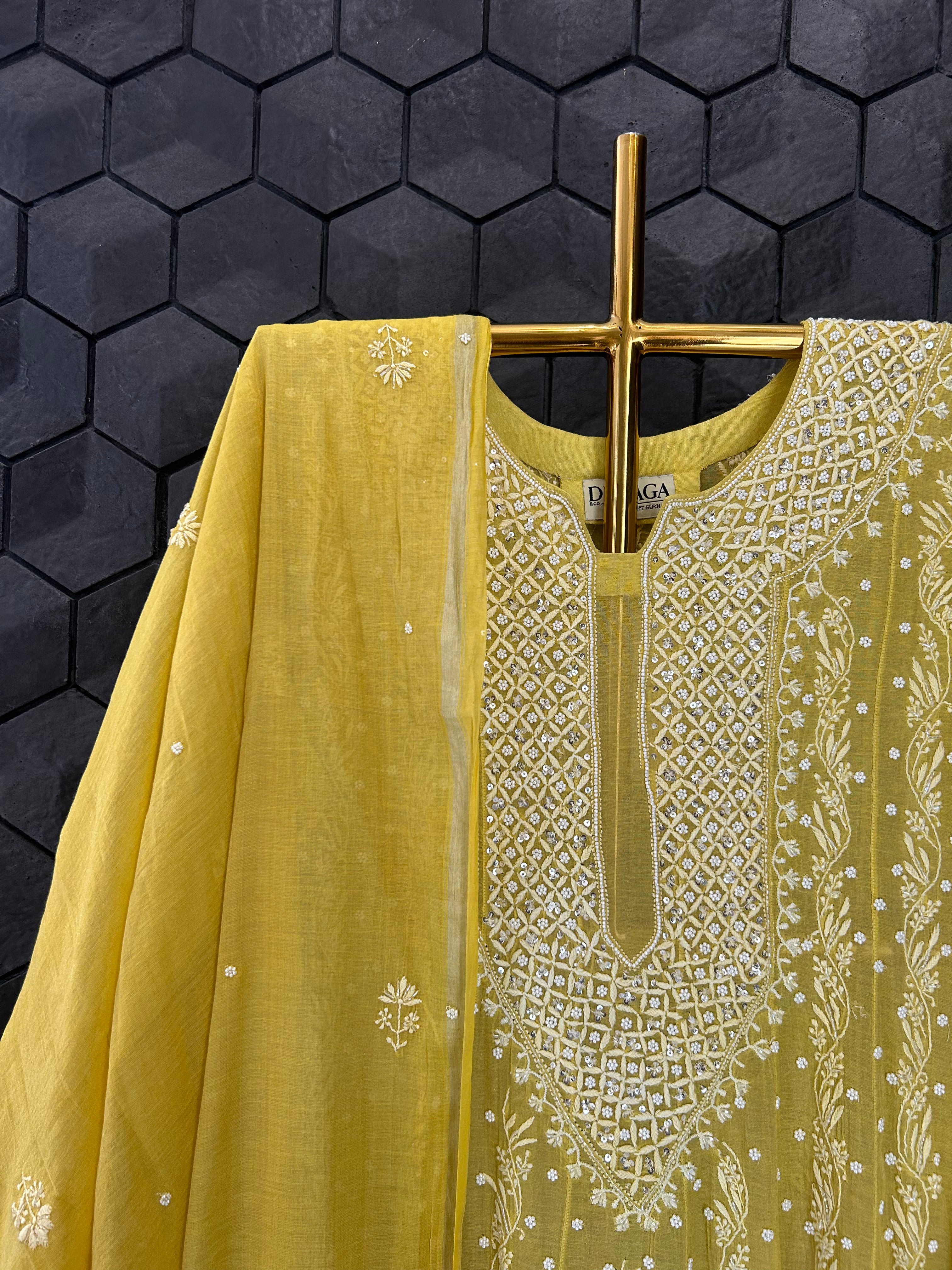 Yellow Silver Tissue Chikankari Anarkali Set
