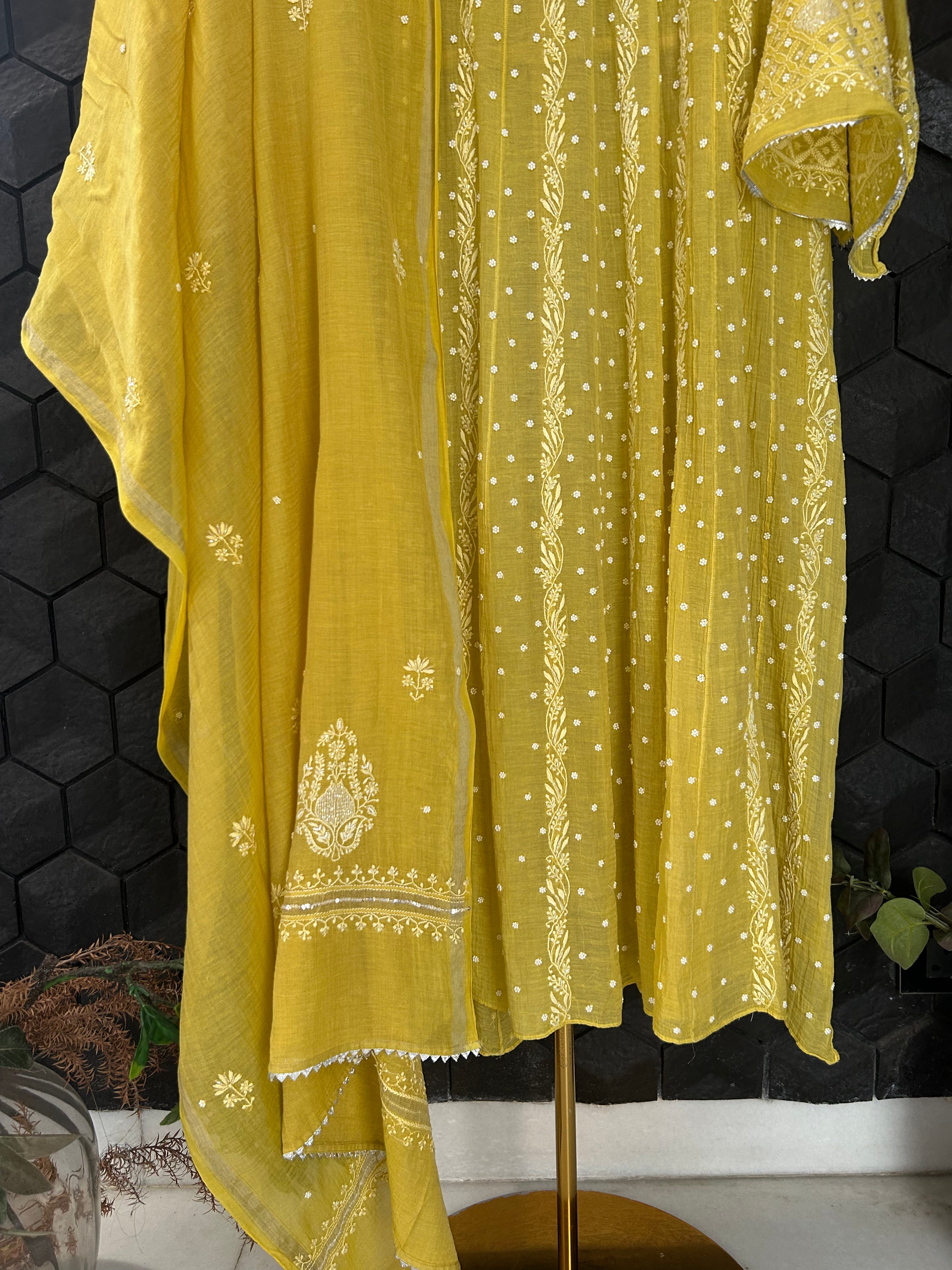 Yellow Silver Tissue Chikankari Anarkali Set