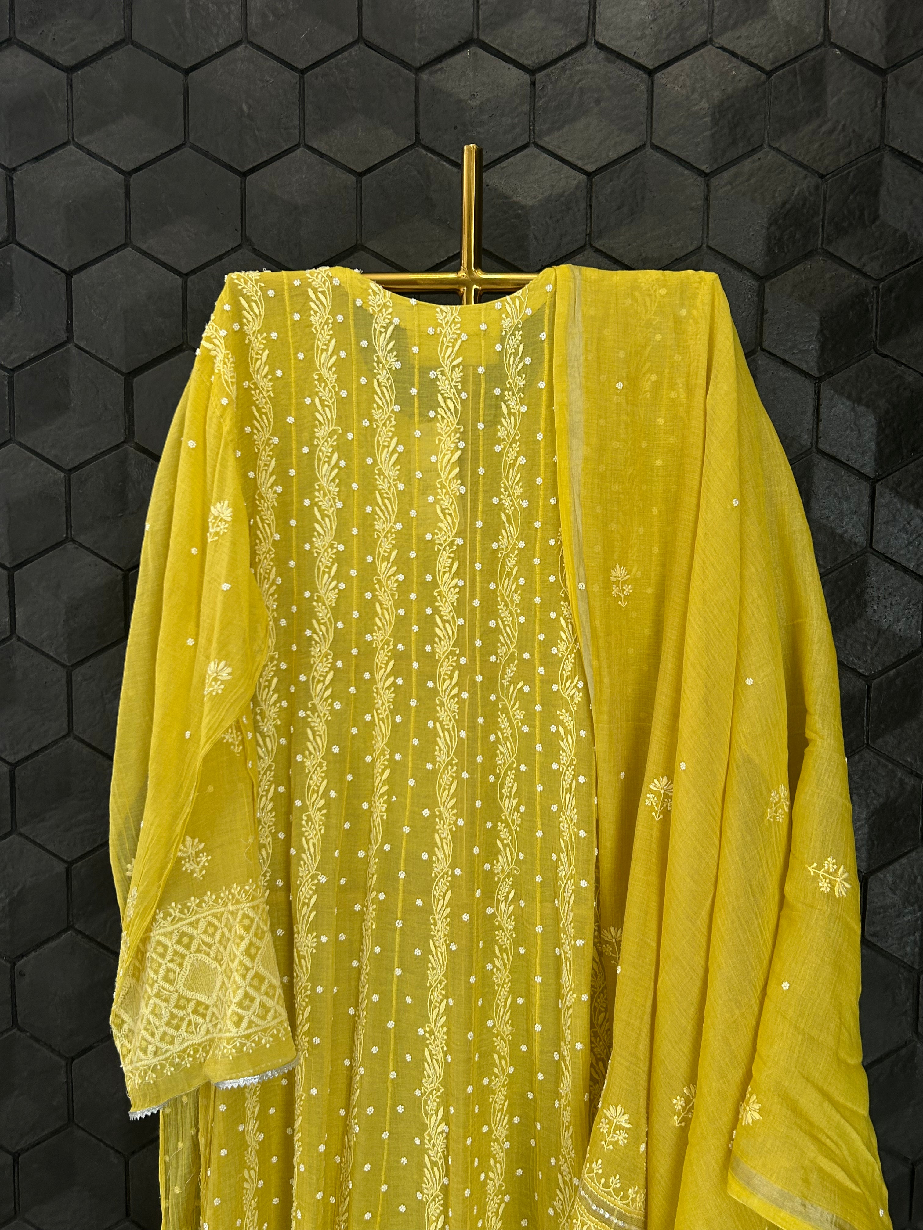 Yellow Silver Tissue Chikankari Anarkali Set
