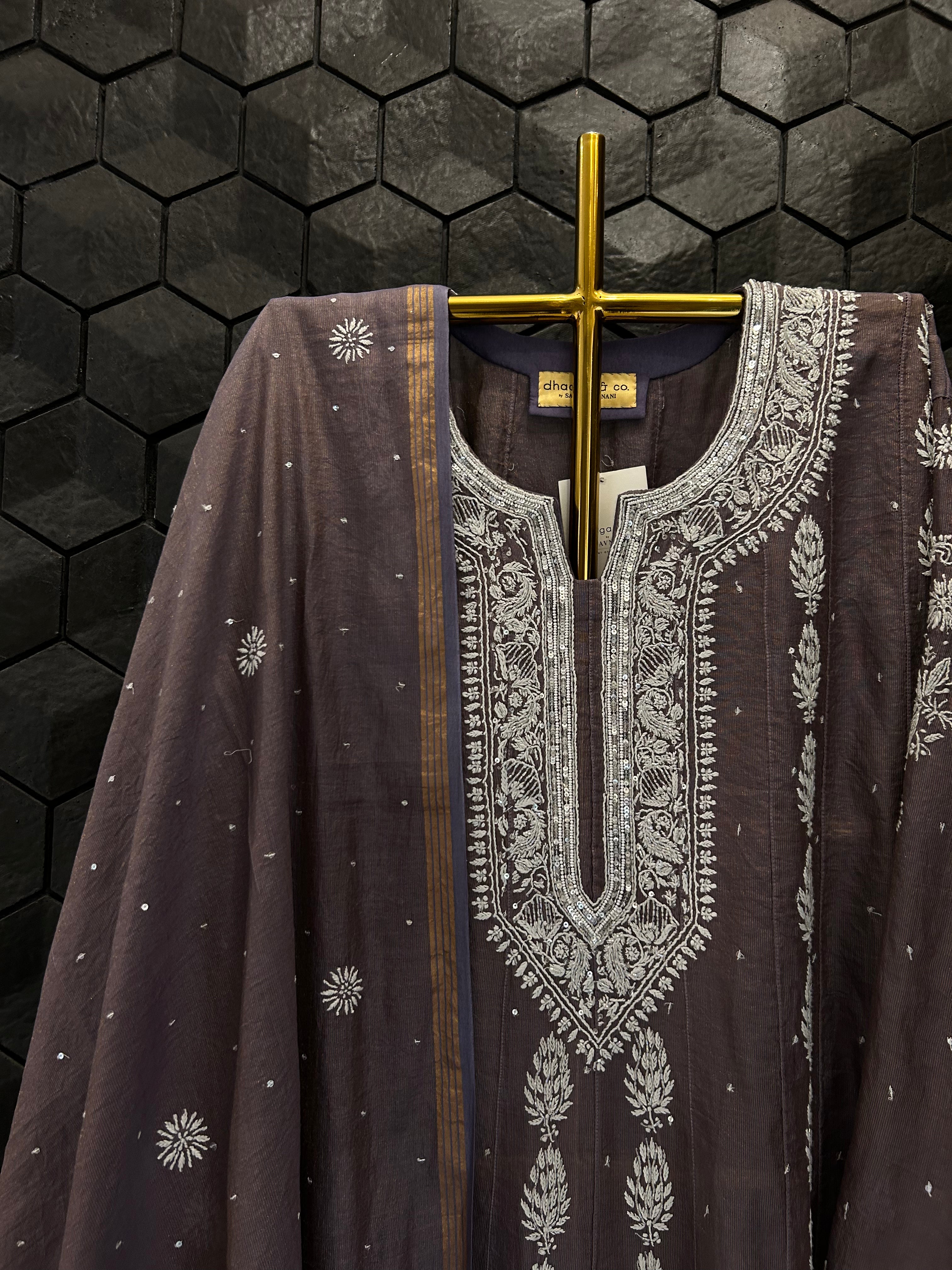 New Purple Tissue Chikankari Anarkali Set