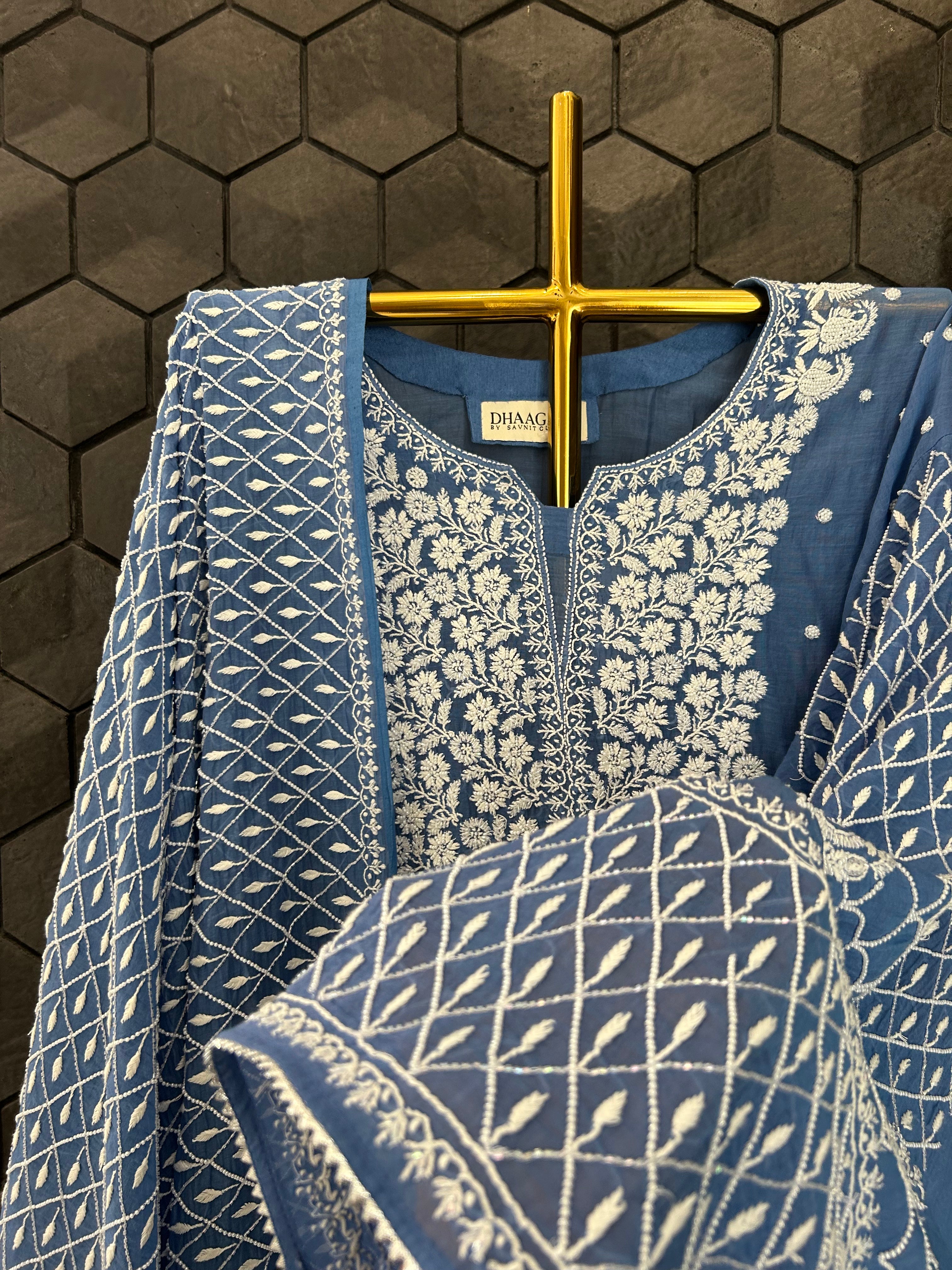 Blue Mul Chanderi Chikankari Kurta Set
