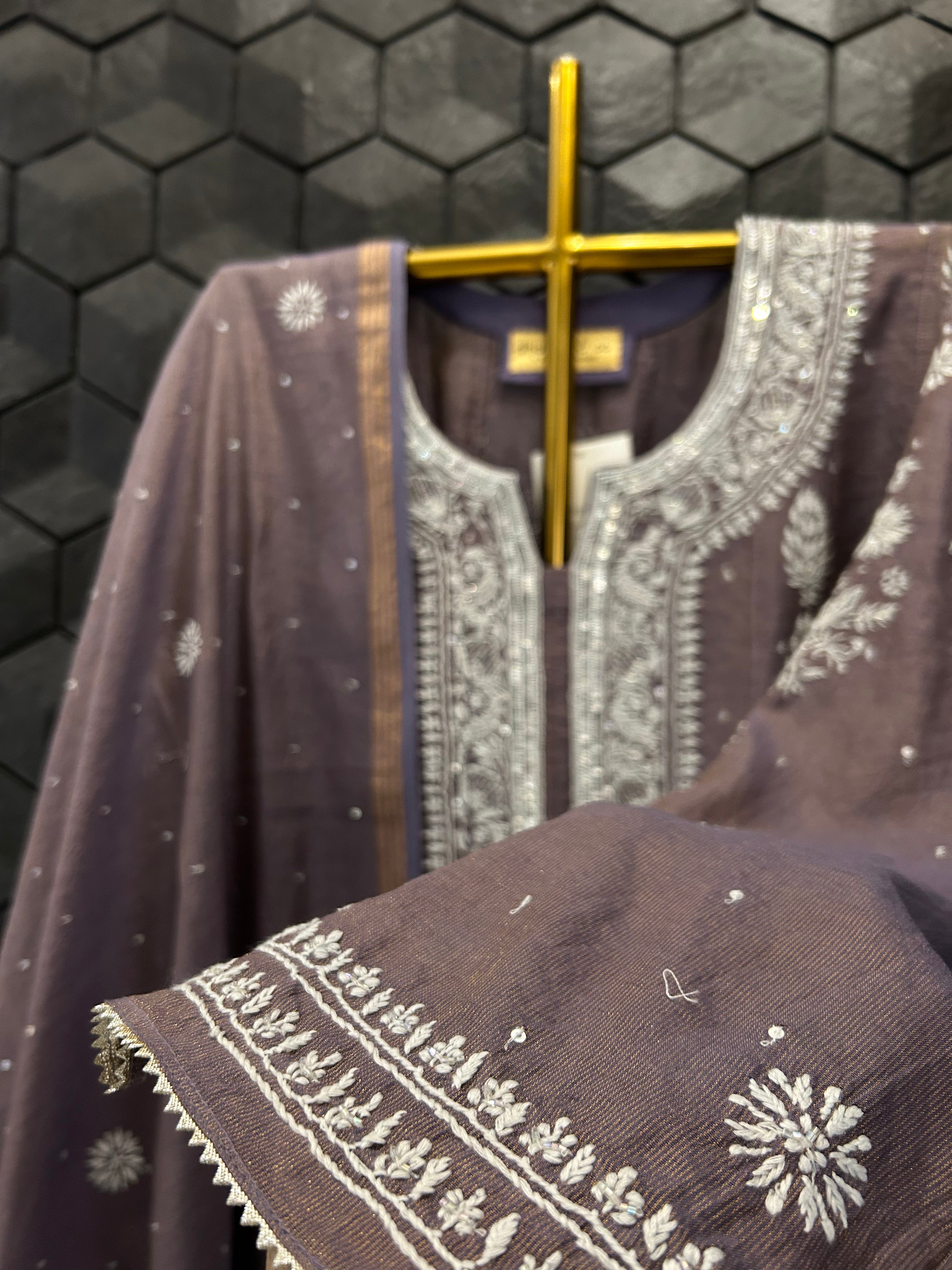 New Purple Tissue Chikankari Anarkali Set