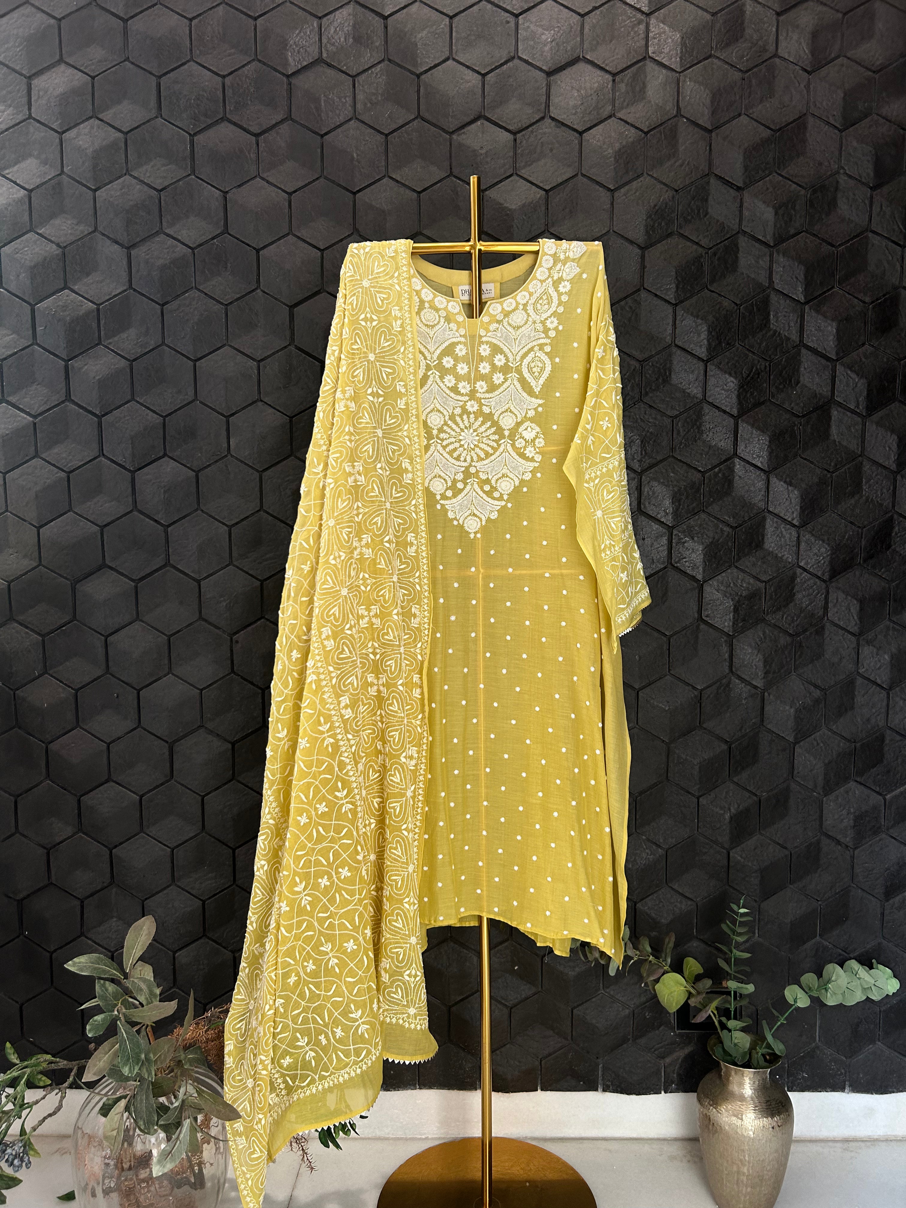 Green Mul Chanderi Chikankari Kurta Set