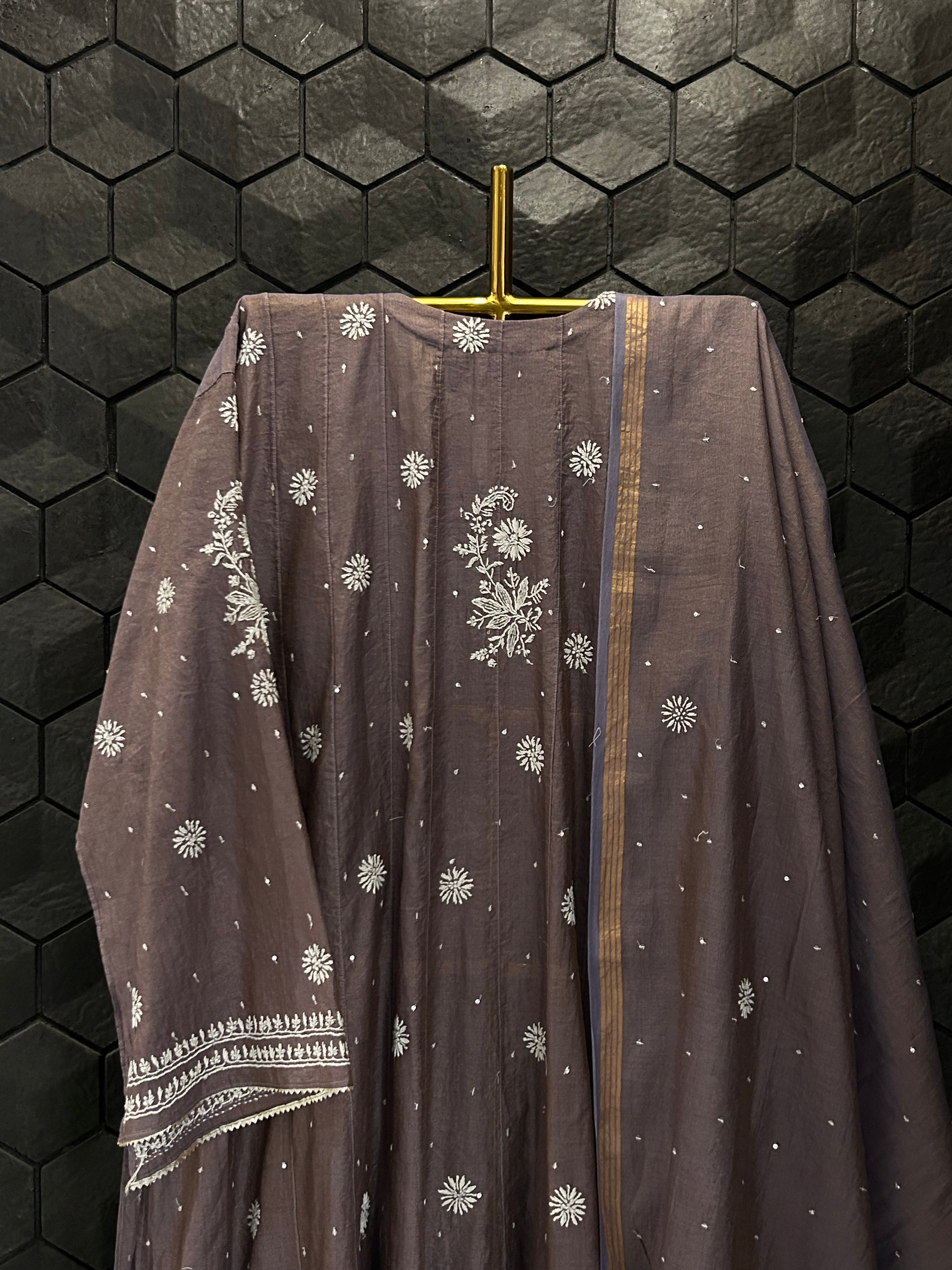 New Purple Tissue Chikankari Anarkali Set