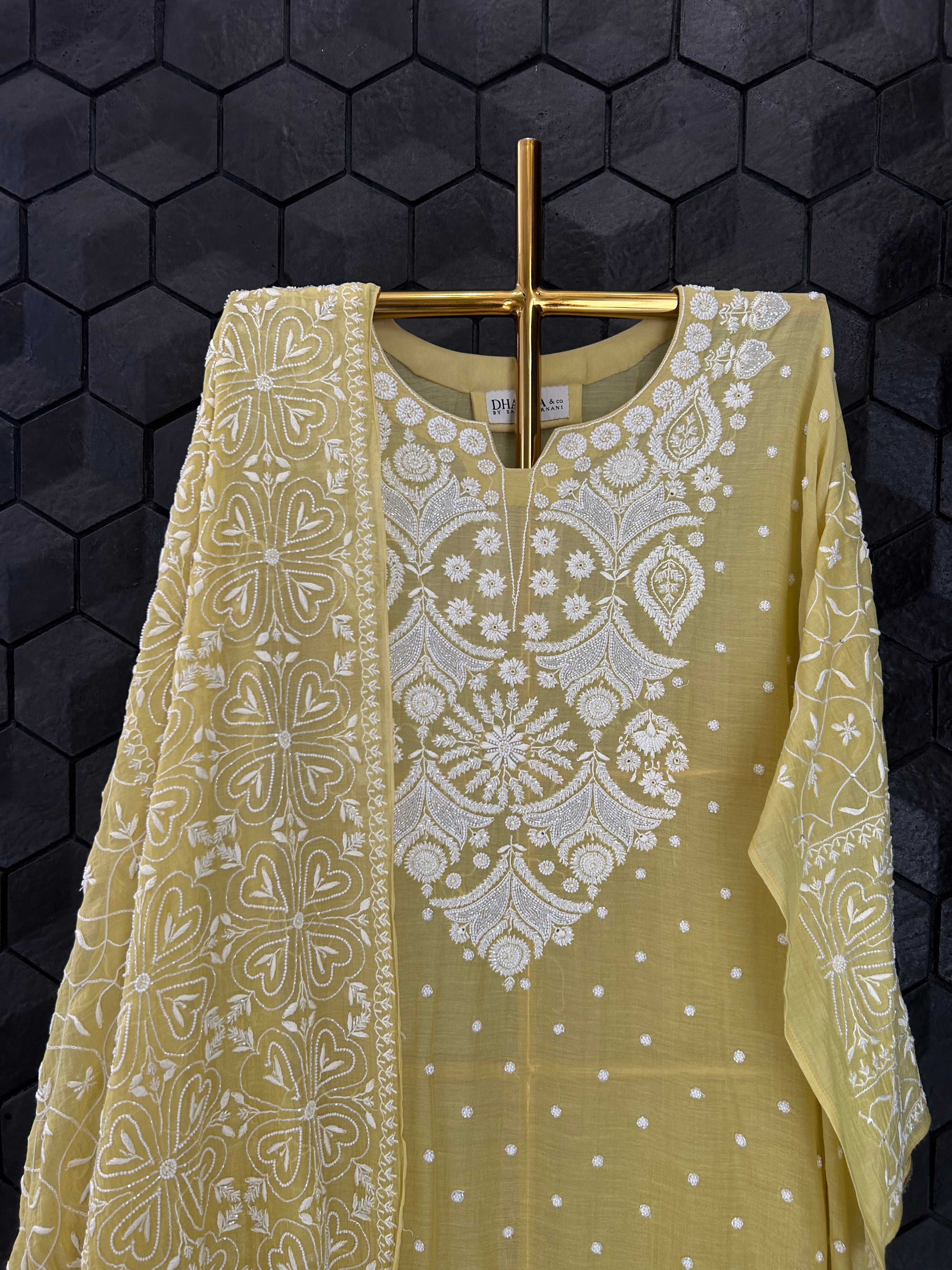 Green Mul Chanderi Chikankari Kurta Set