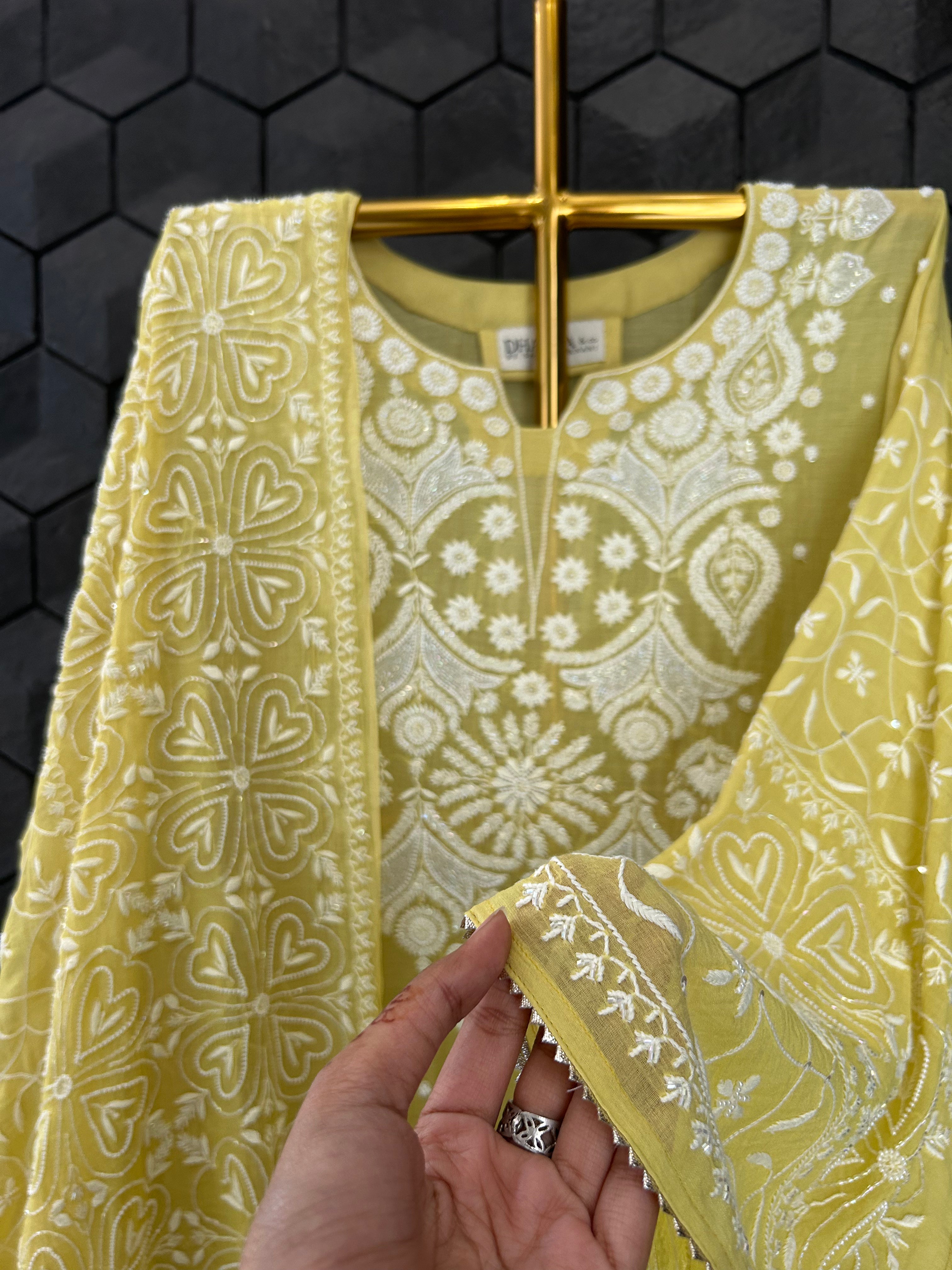 Green Mul Chanderi Chikankari Kurta Set