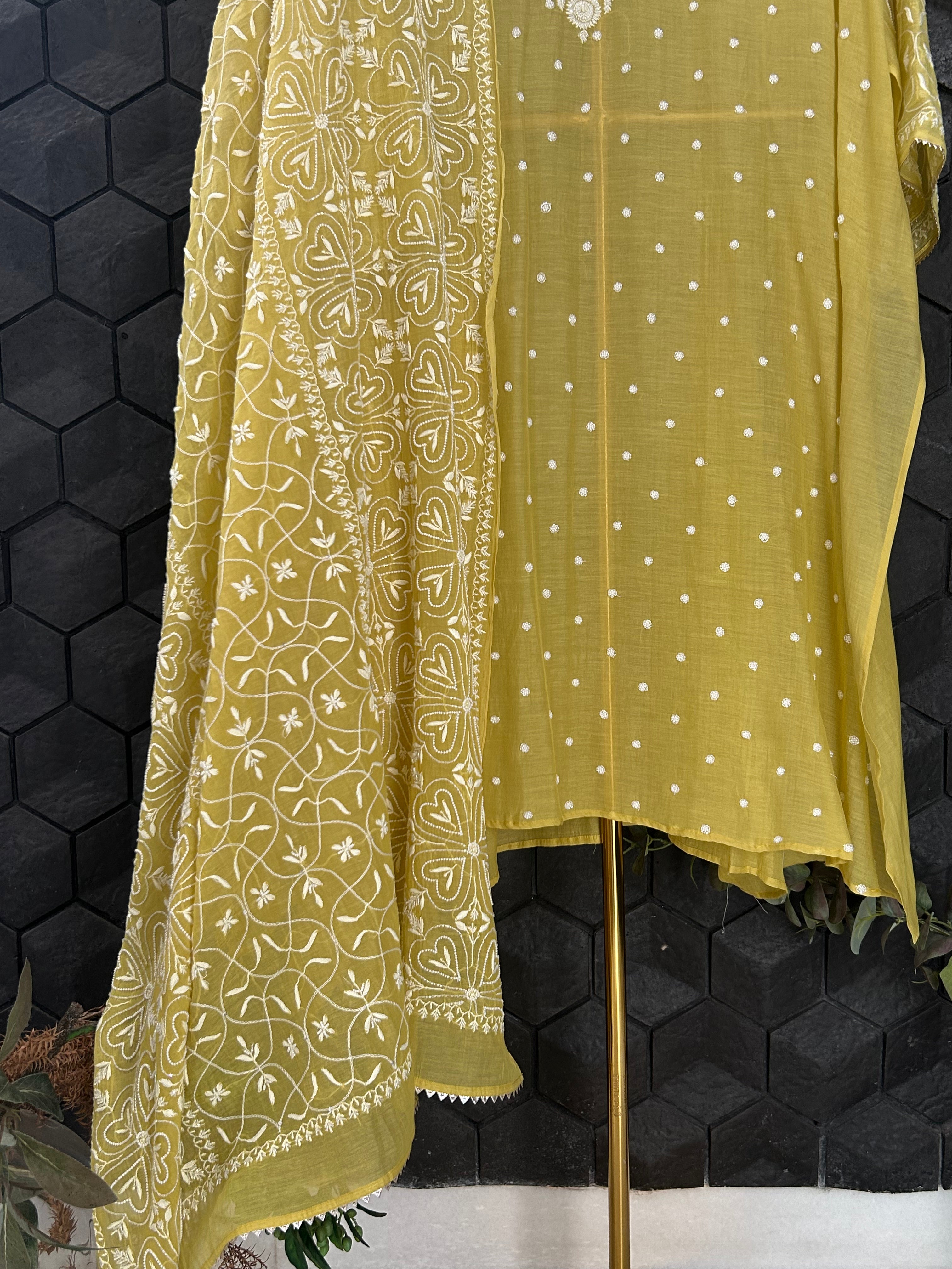 Green Mul Chanderi Chikankari Kurta Set