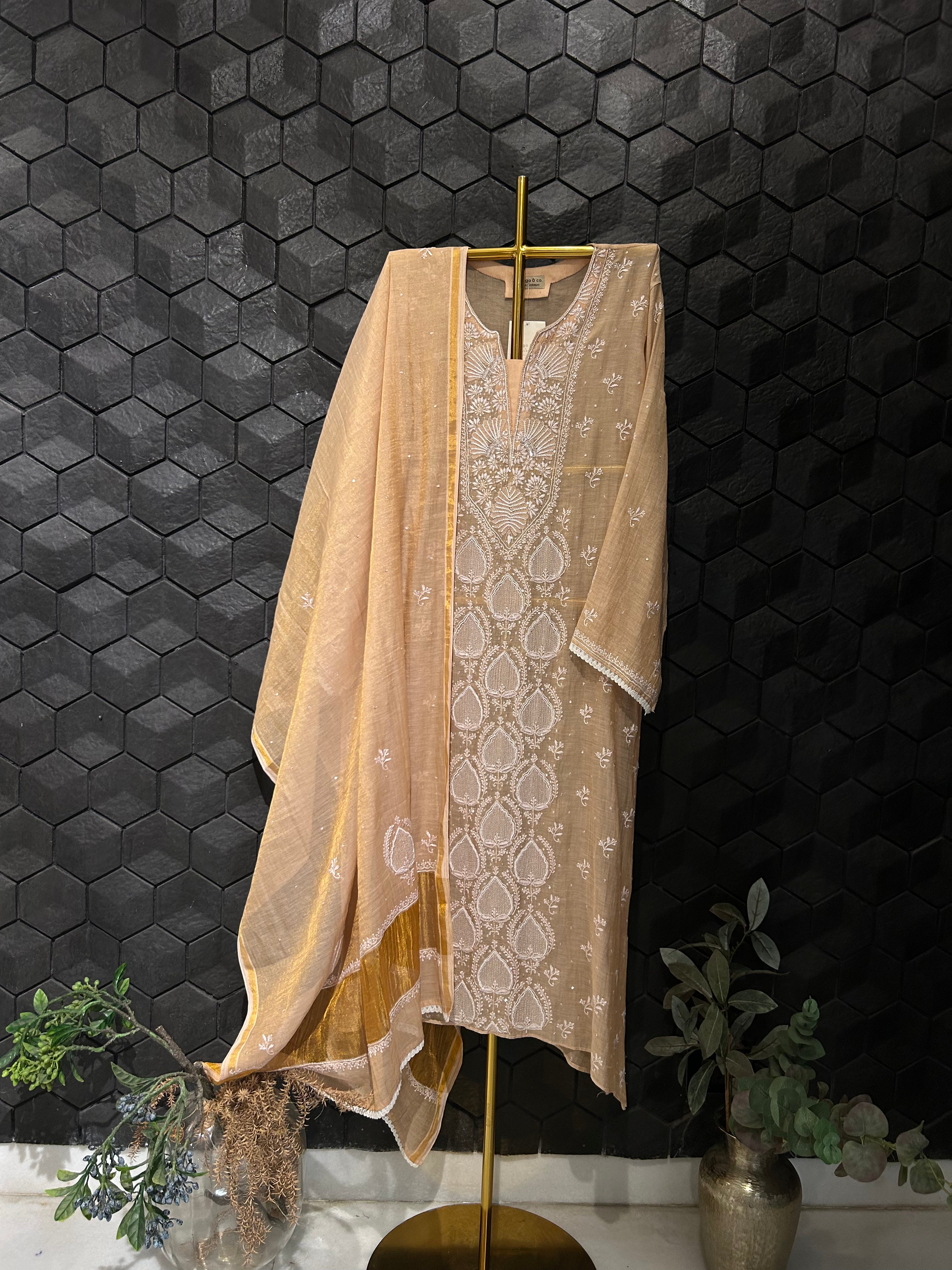 Peach Tissue Chikankari Kurta Set