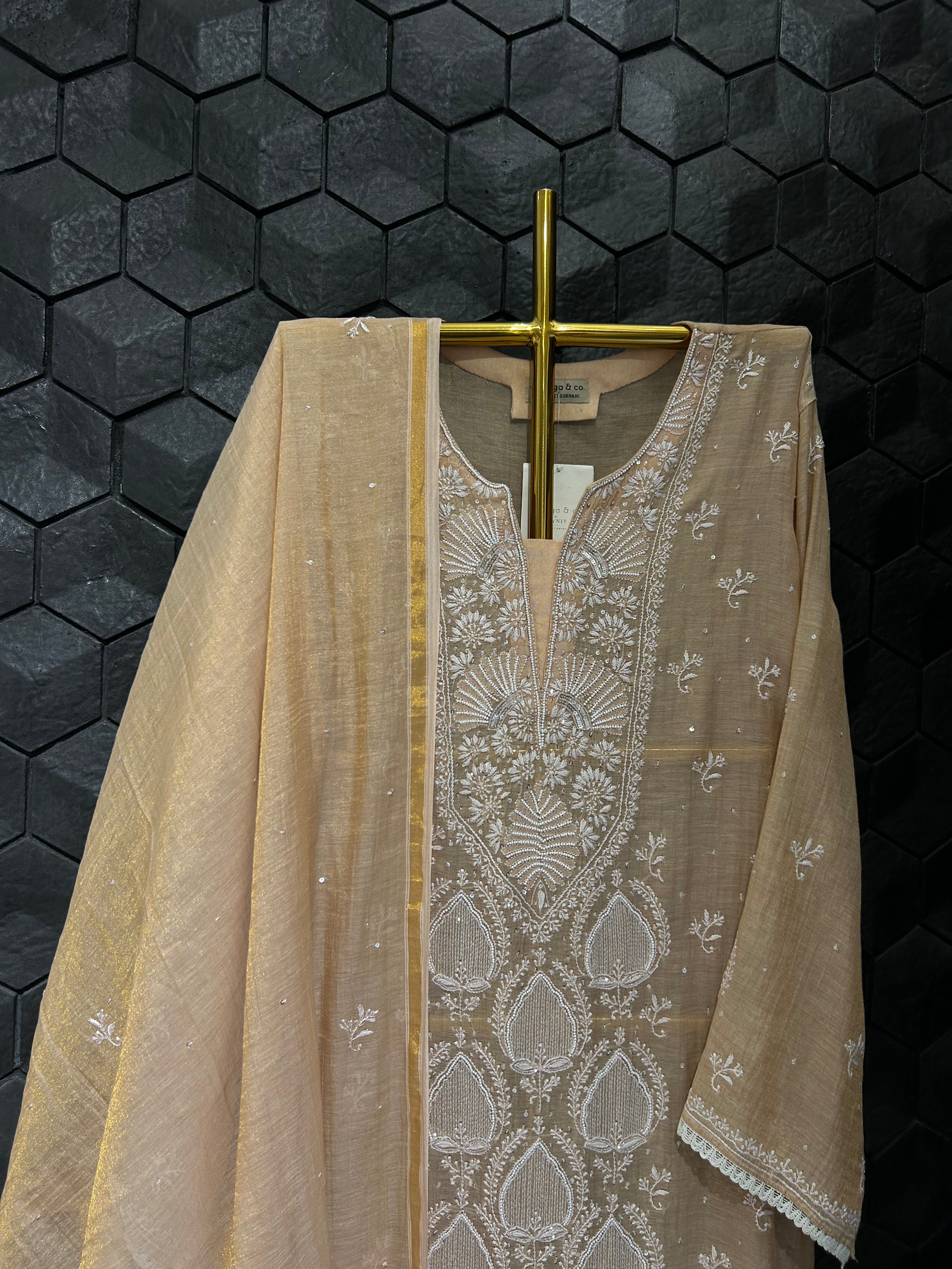 Peach Tissue Chikankari Kurta Set