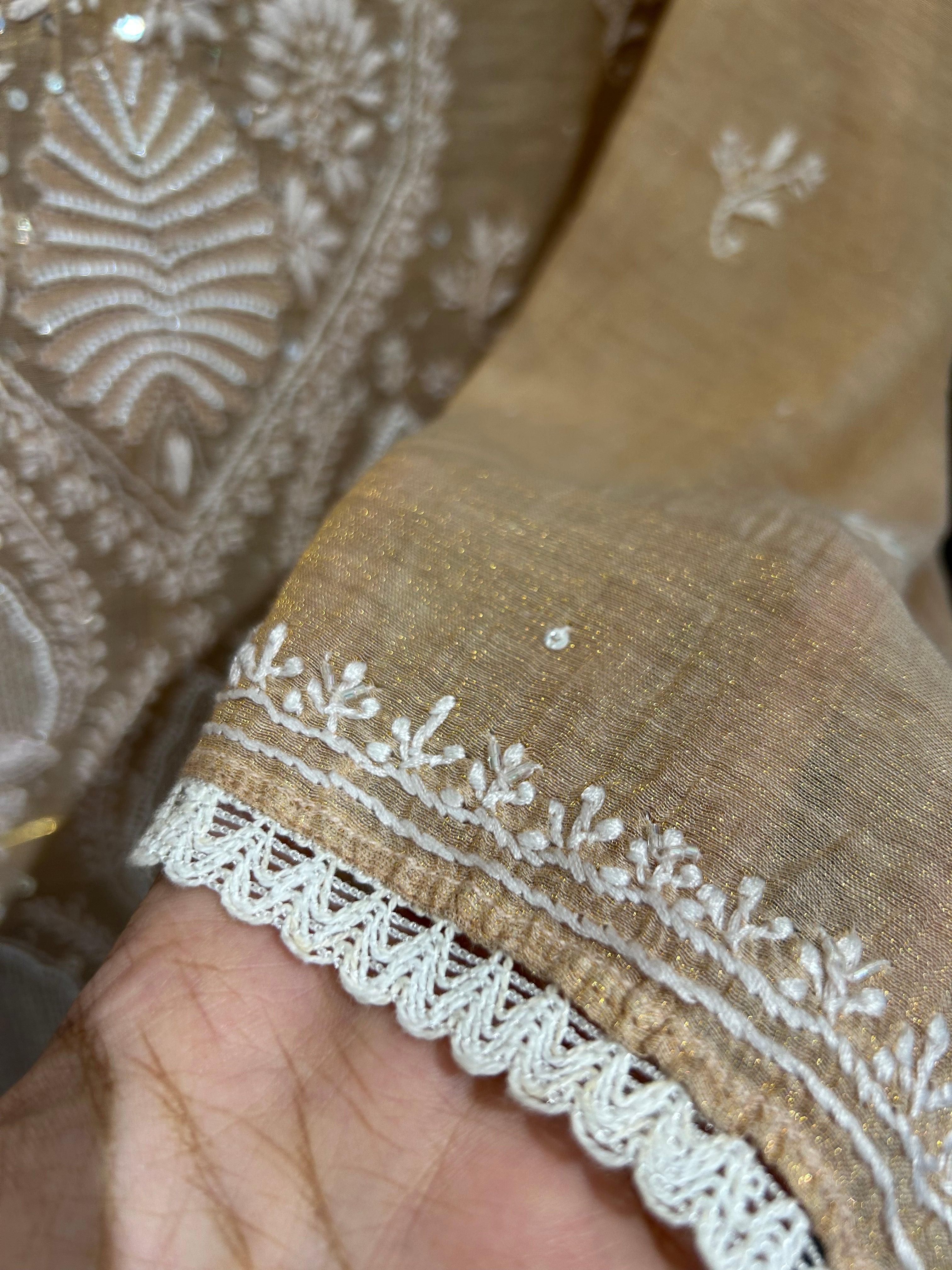 Peach Tissue Chikankari Kurta Set