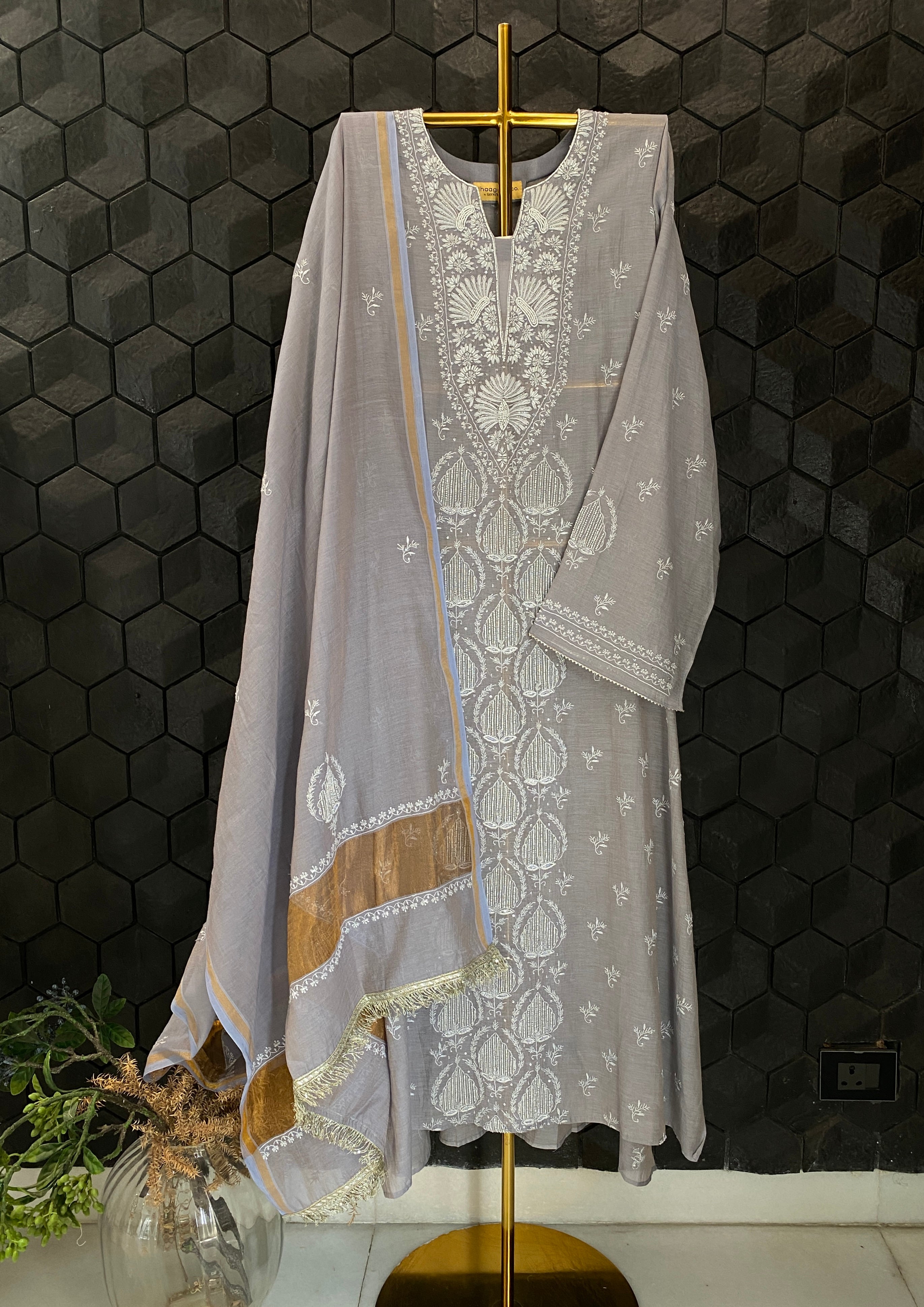 Grey tissue Chikankari Kurta Set