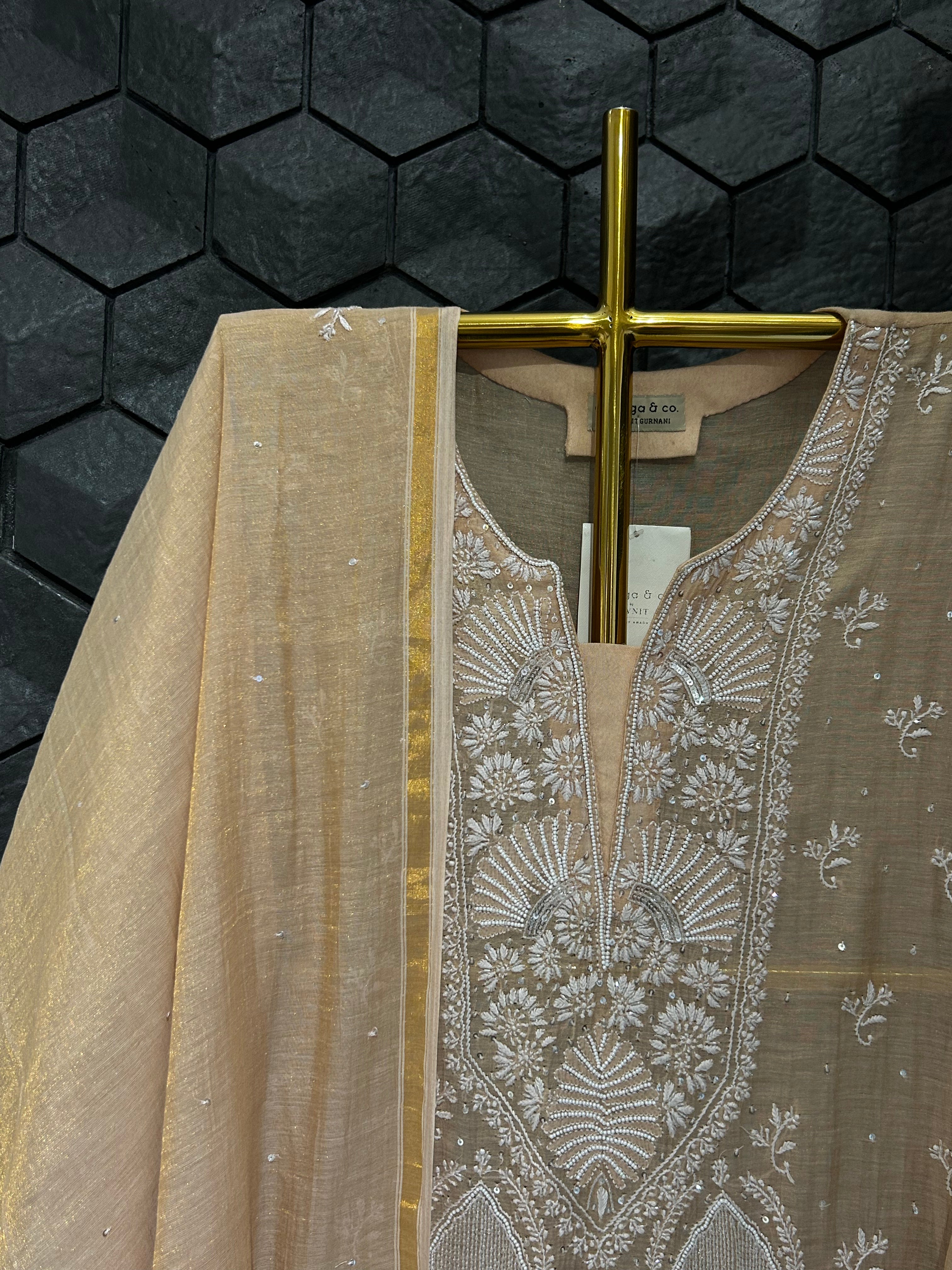 Peach Tissue Chikankari Kurta Set