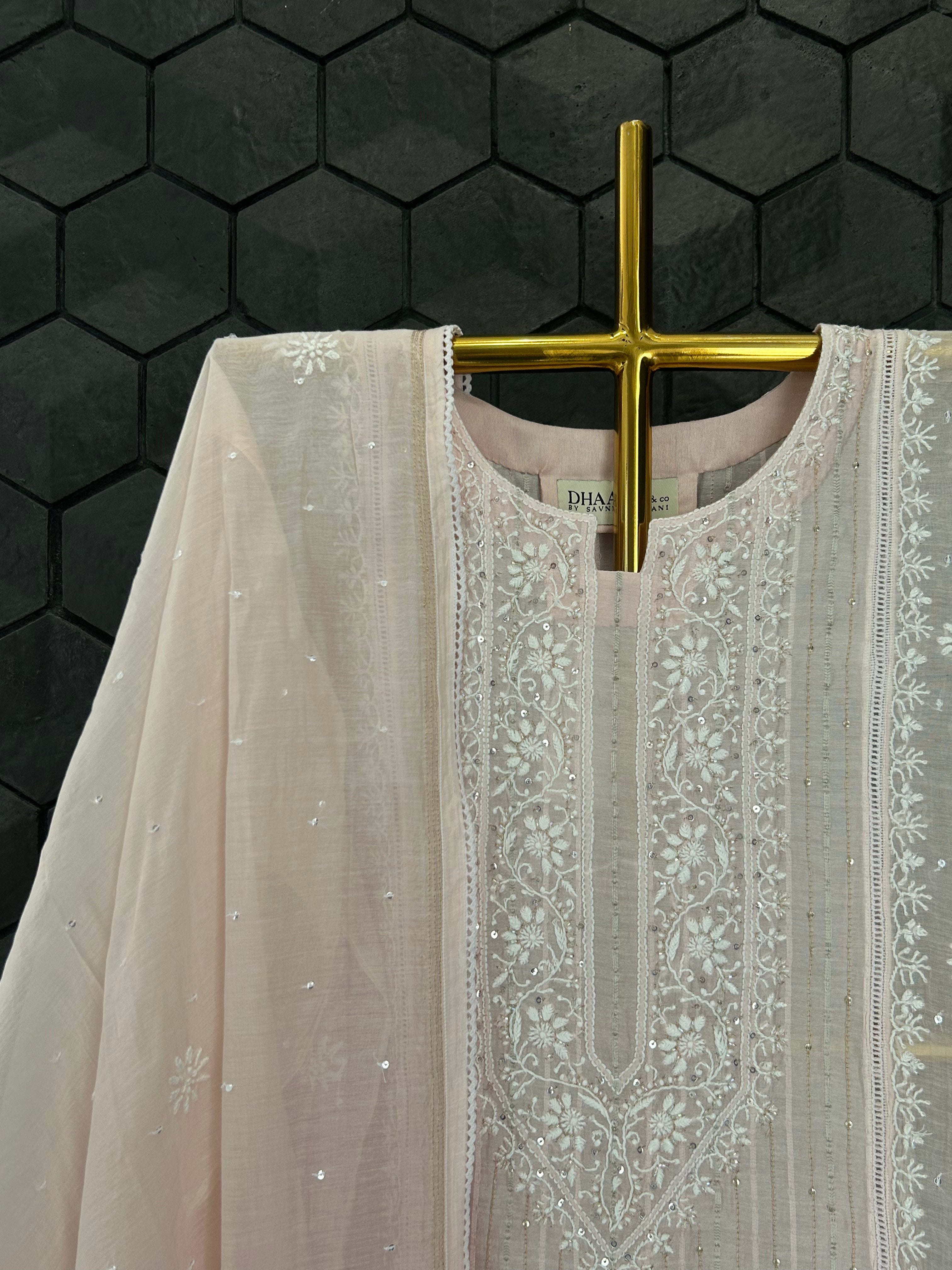 Pink Mul Chanderi Chikankari Kurta Set