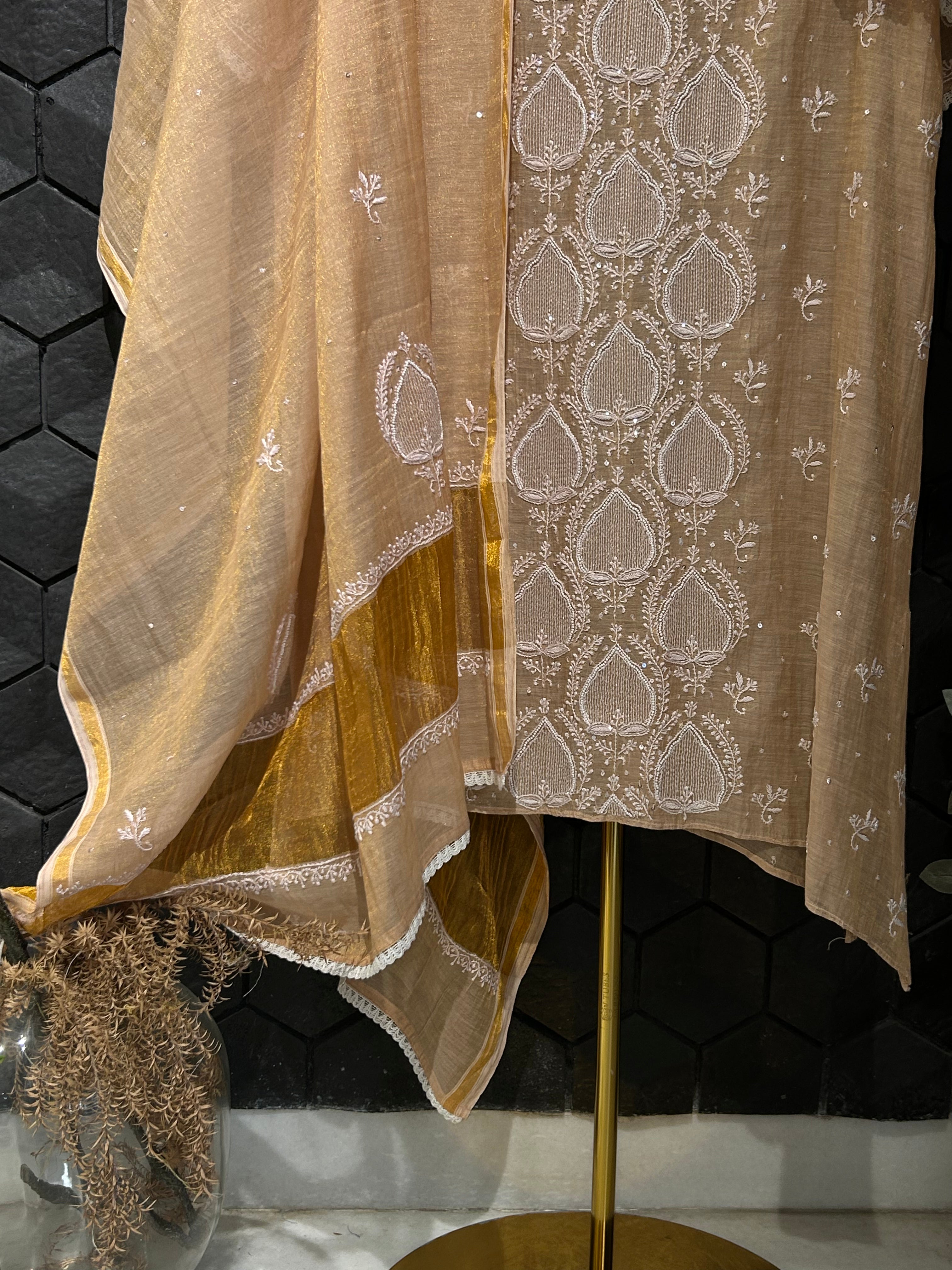 Peach Tissue Chikankari Kurta Set