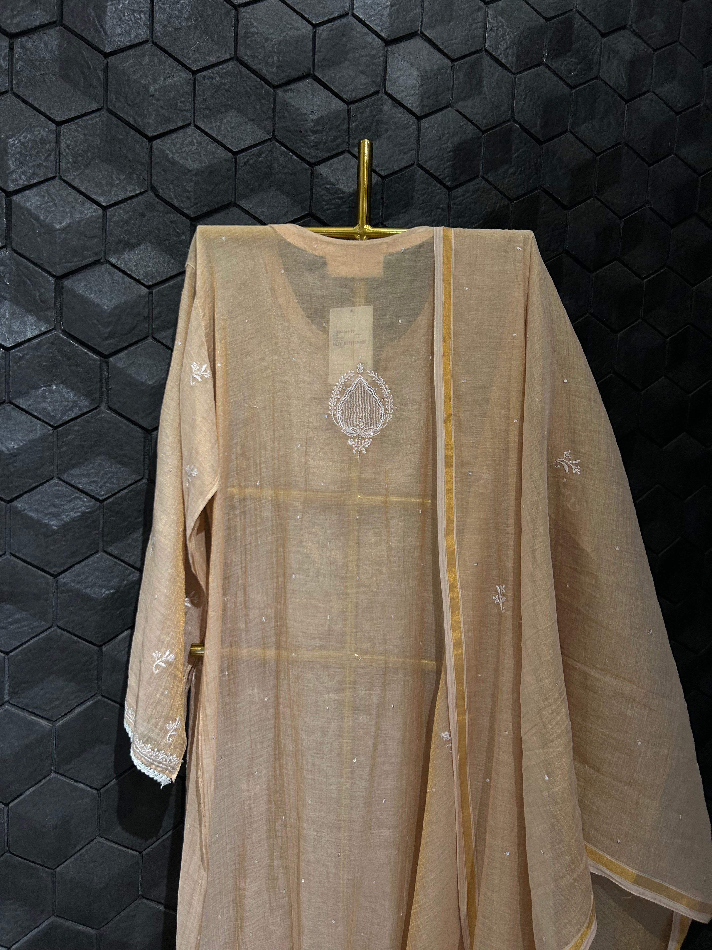 Peach Tissue Chikankari Kurta Set