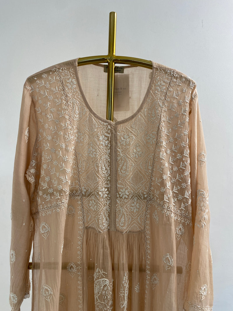 Peach chanderi chikankari kurta set