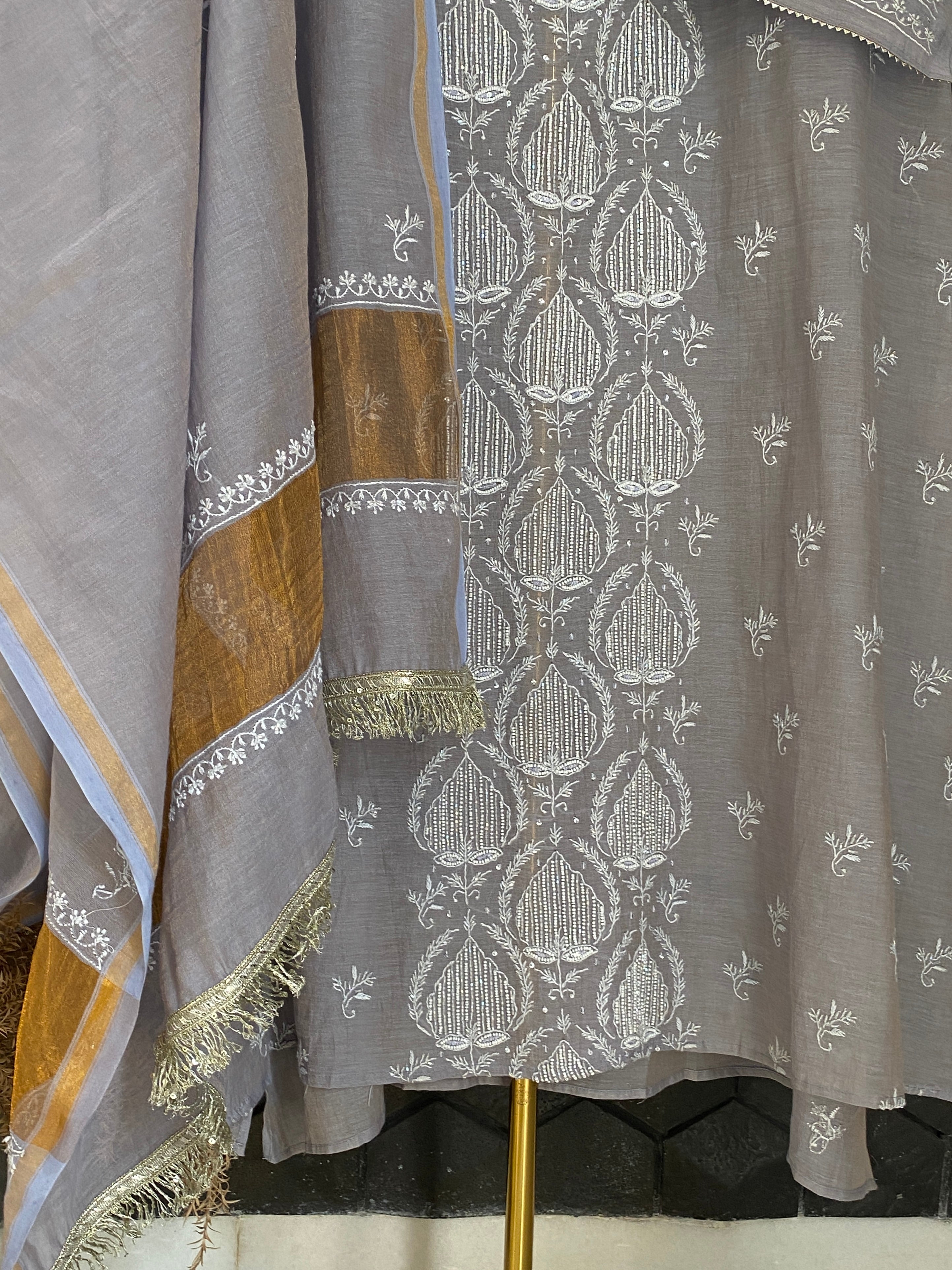 Grey tissue Chikankari Kurta Set