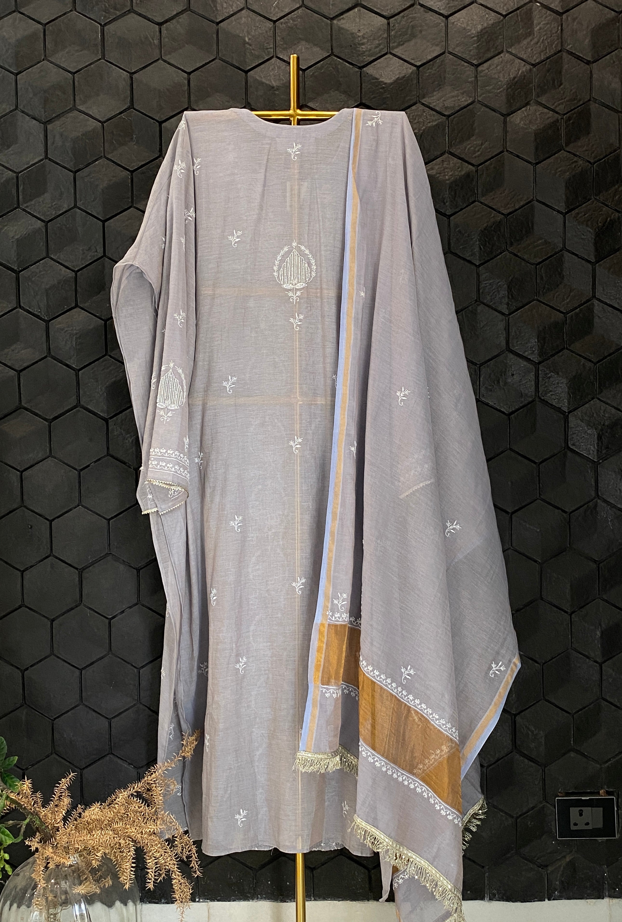 Grey tissue Chikankari Kurta Set