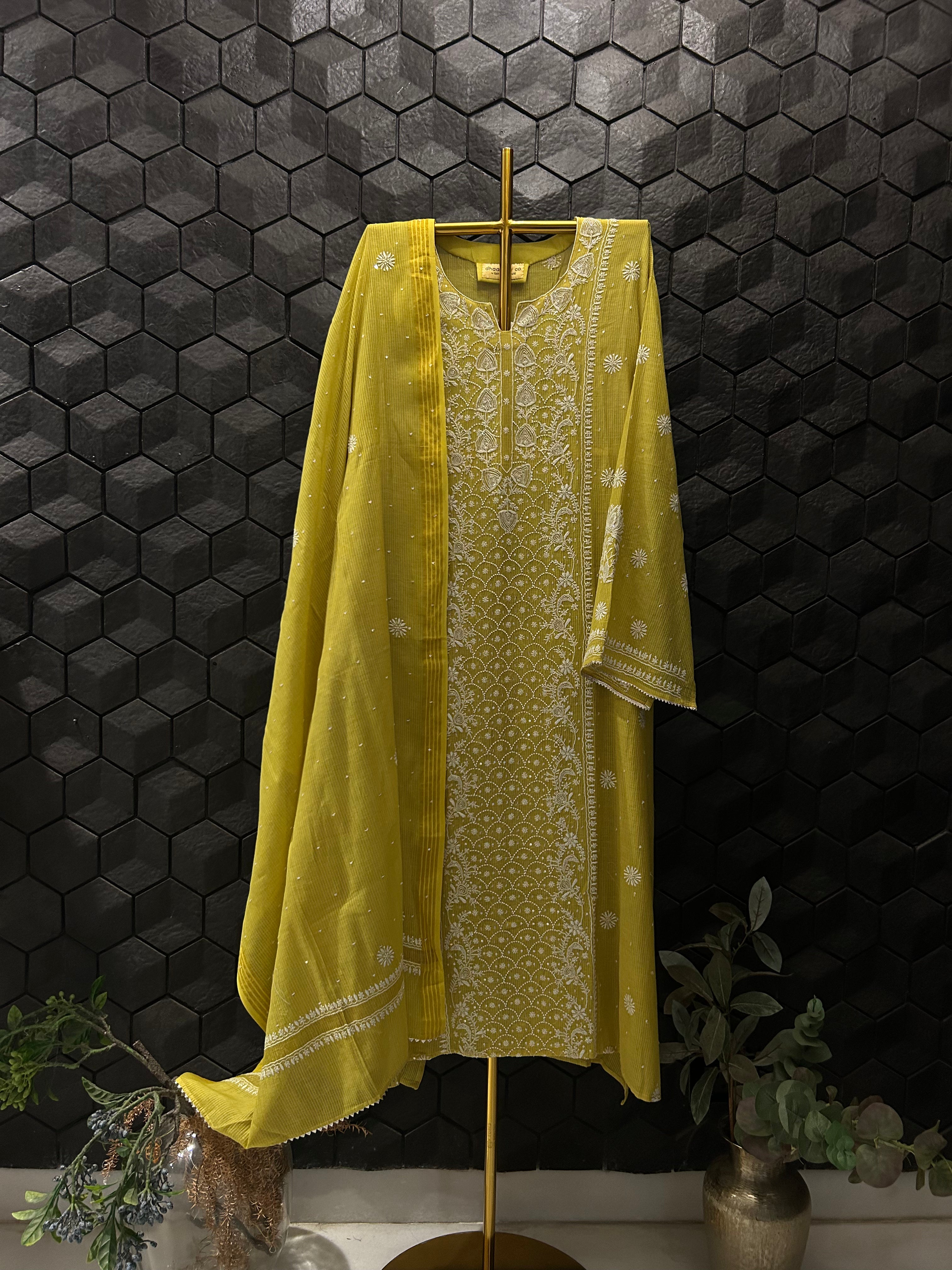 Lime Green Maheshwari Chikankari Kurta Set