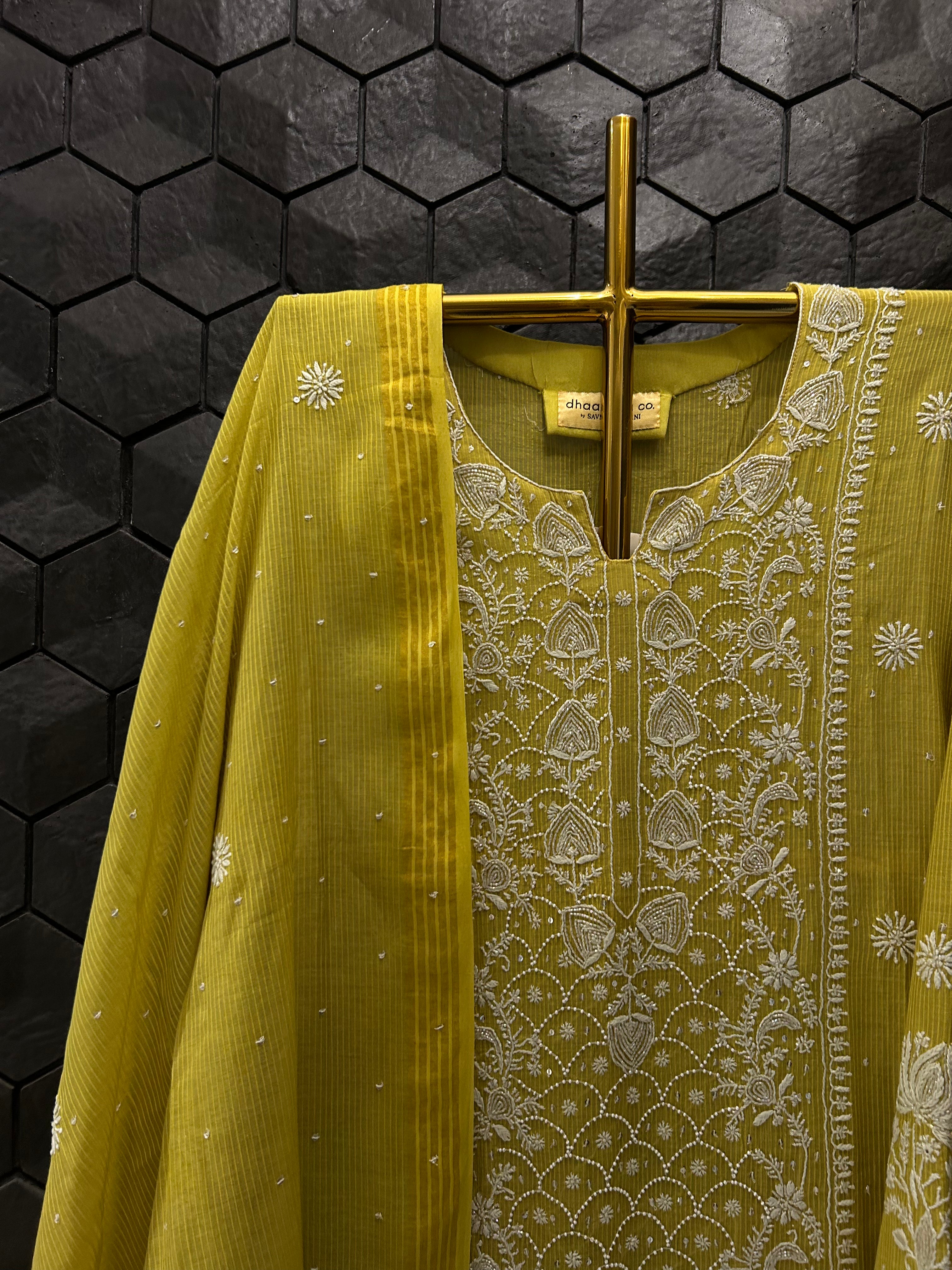 Lime Green Maheshwari Chikankari Kurta Set