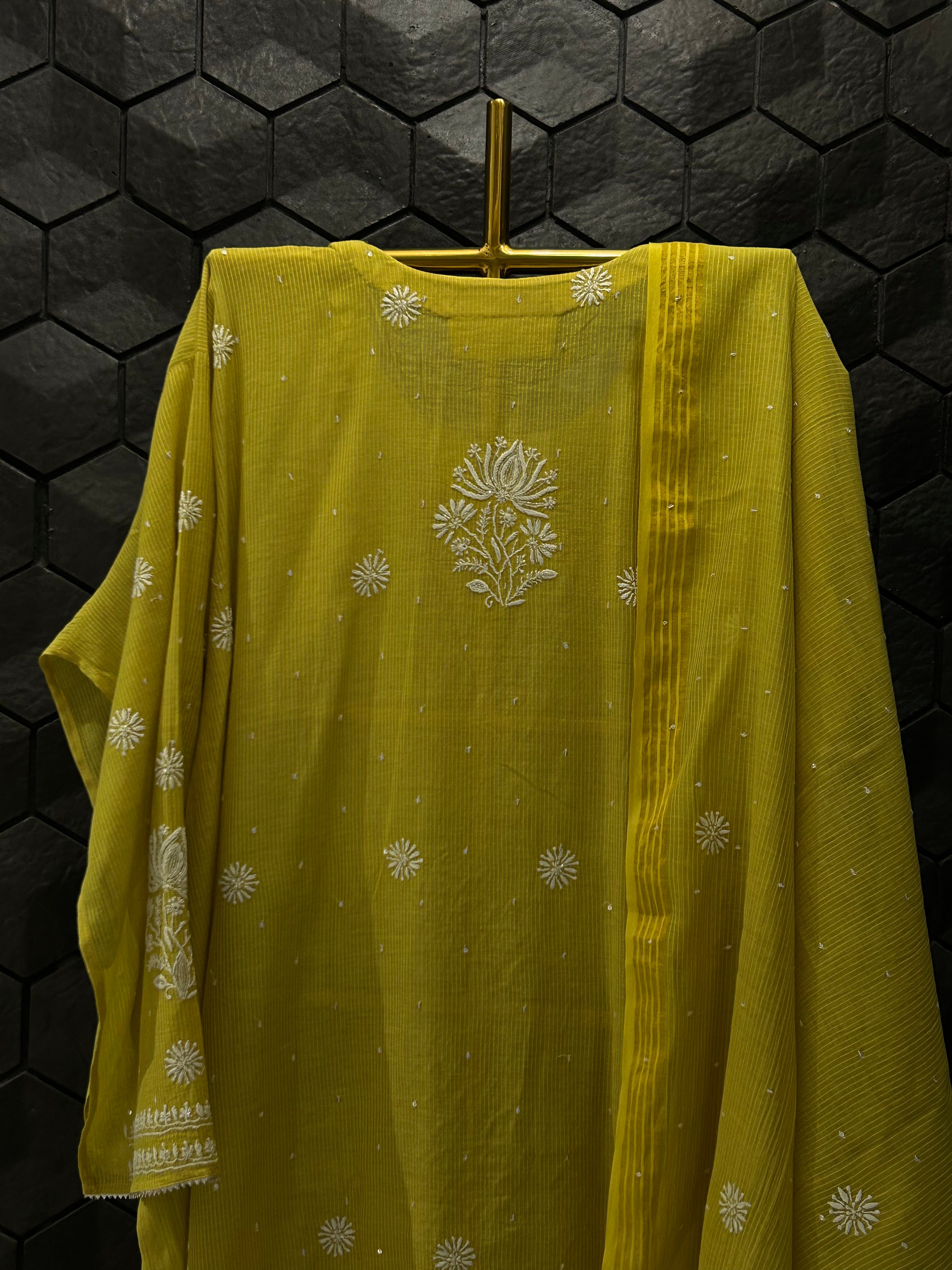 Lime Green Maheshwari Chikankari Kurta Set