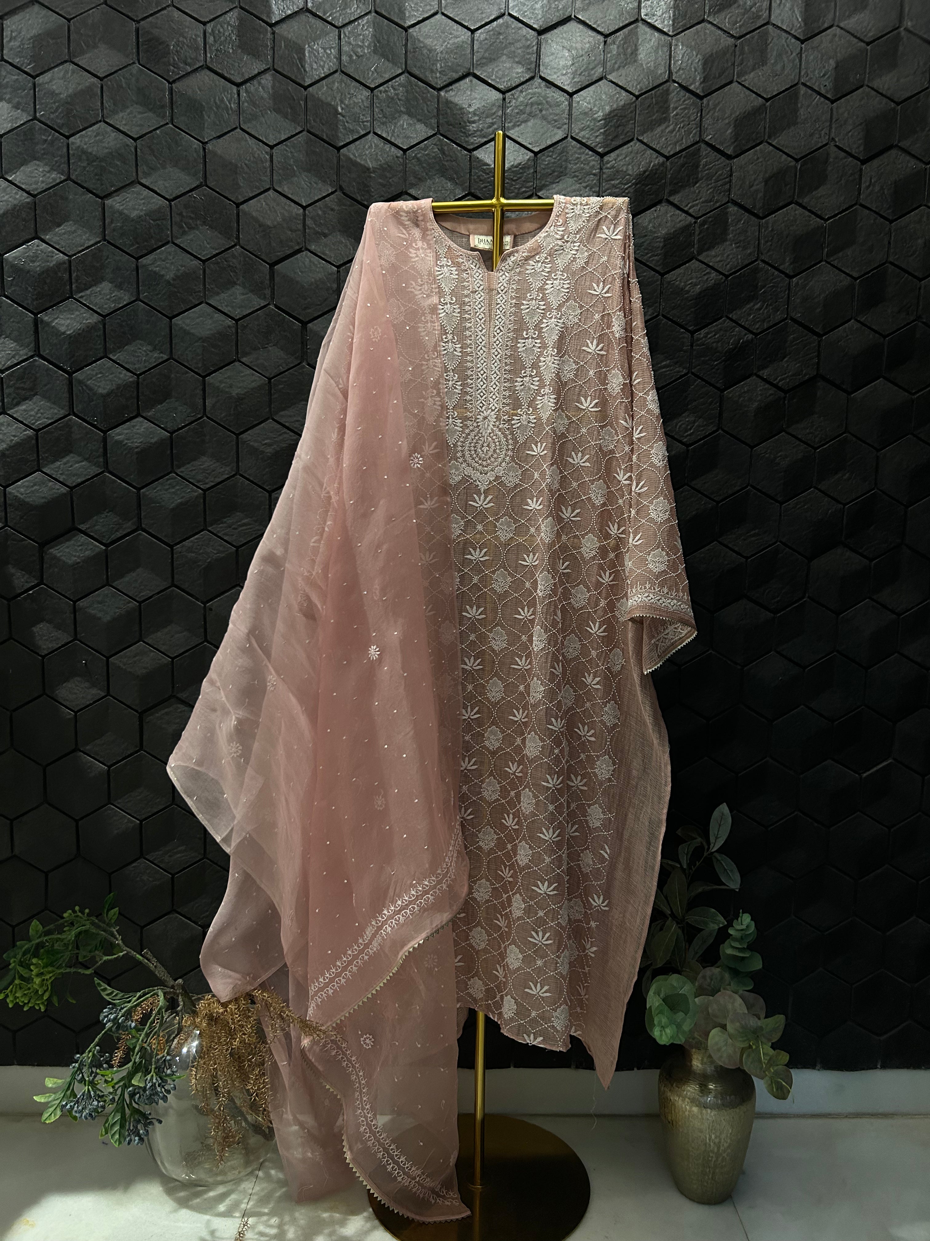 Onion Pink Tissue Kota Chikankari Kurta Set