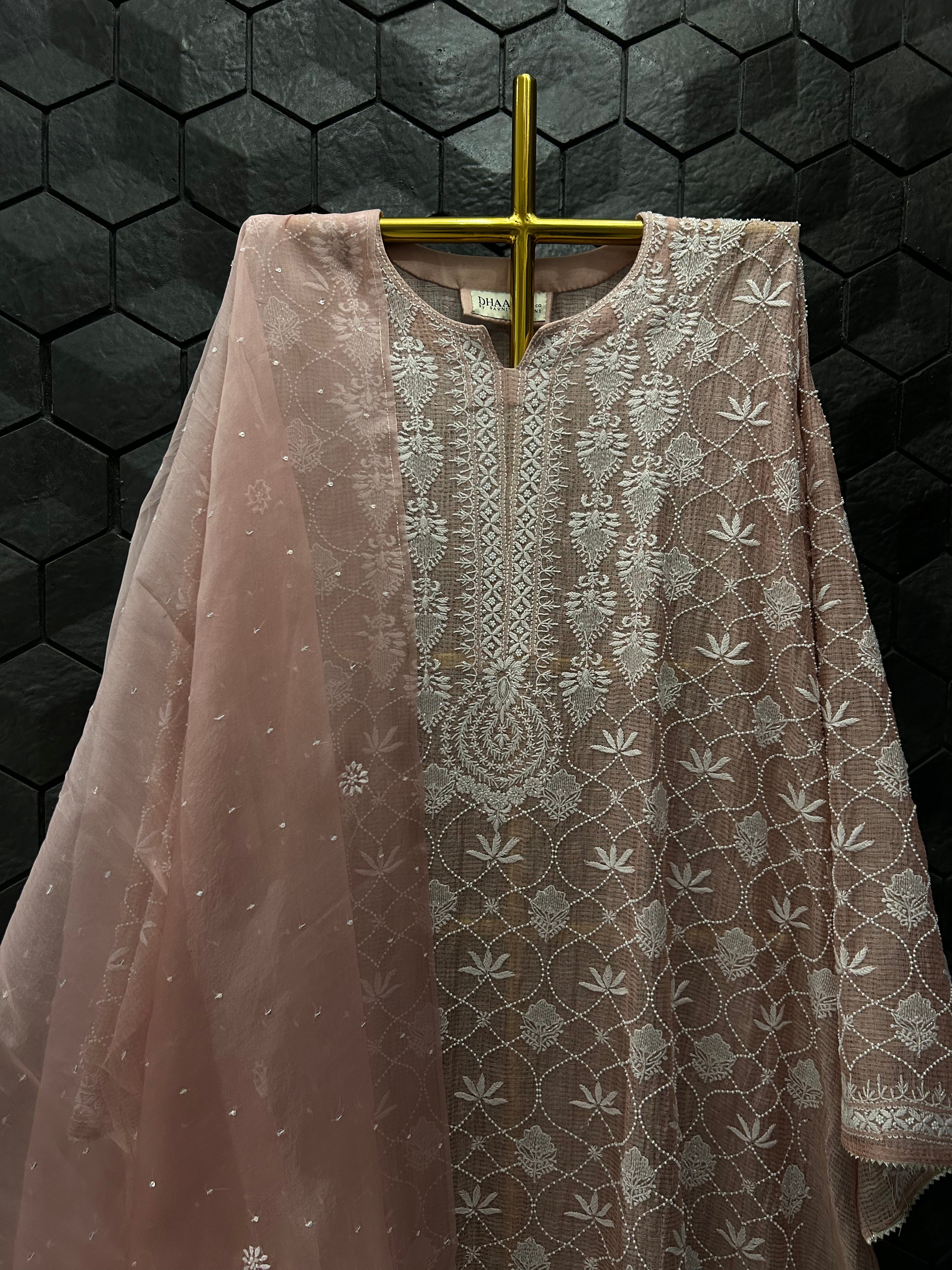 Onion Pink Tissue Kota Chikankari Kurta Set