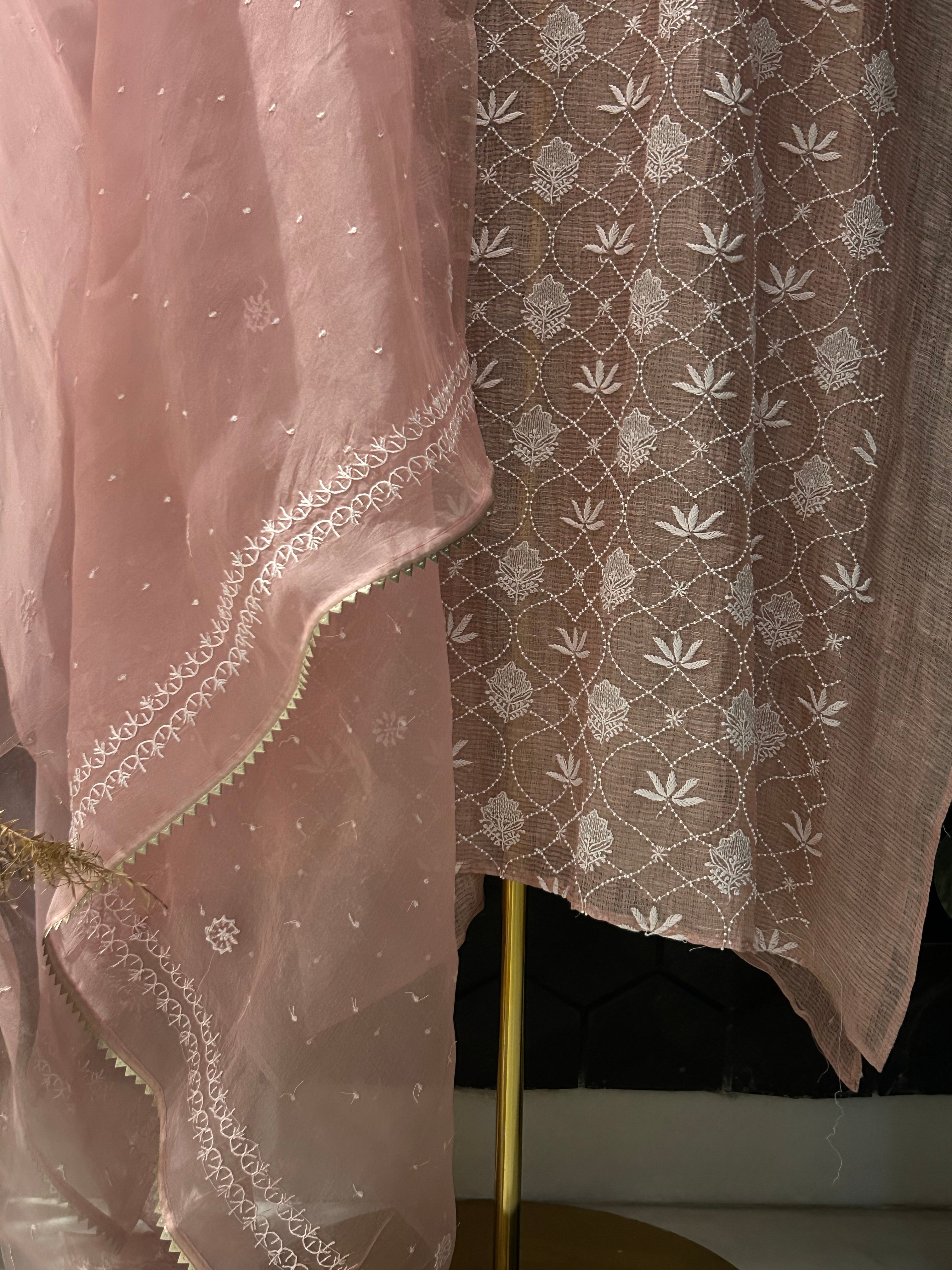 Onion Pink Tissue Kota Chikankari Kurta Set