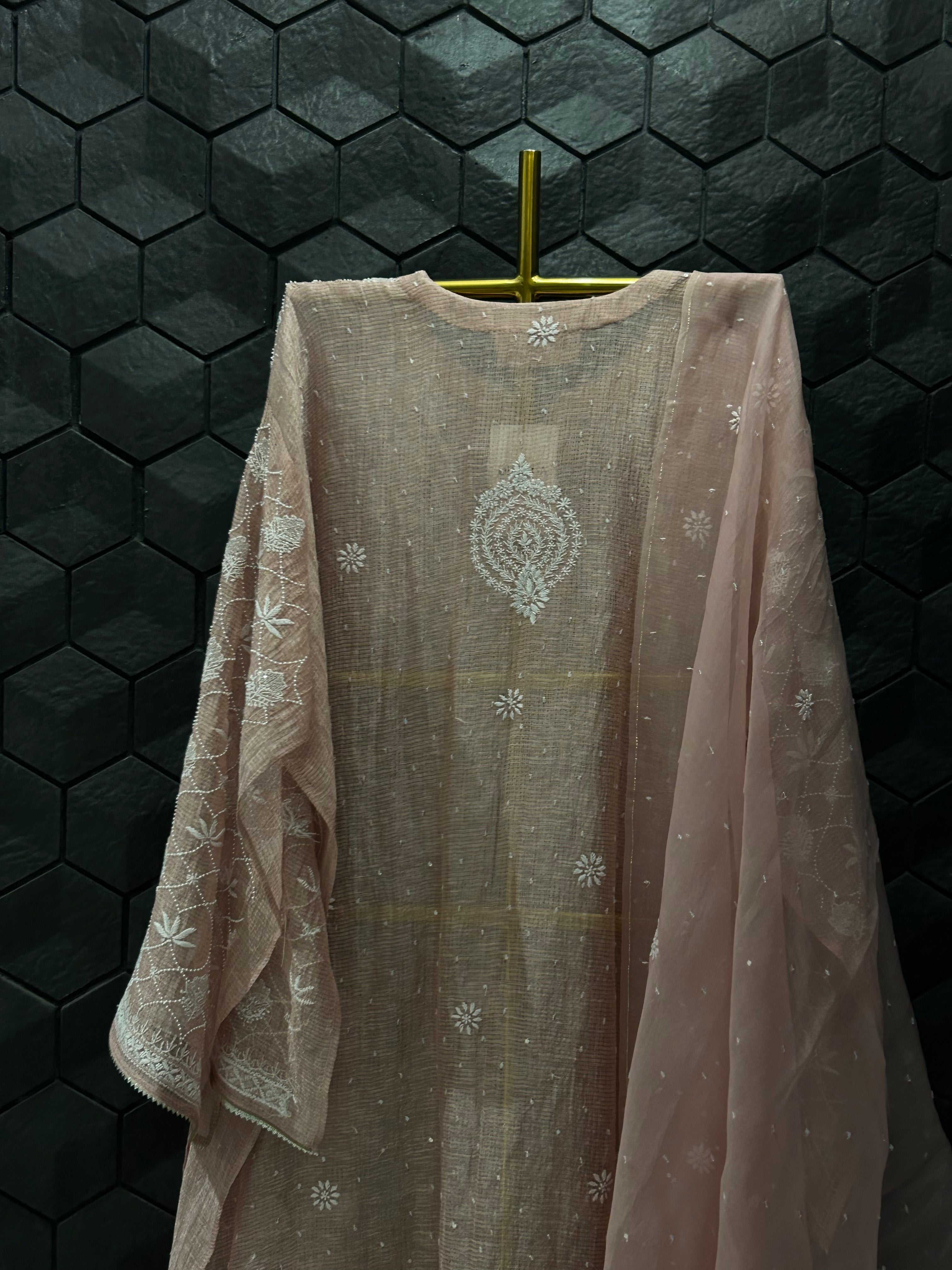 Onion Pink Tissue Kota Chikankari Kurta Set