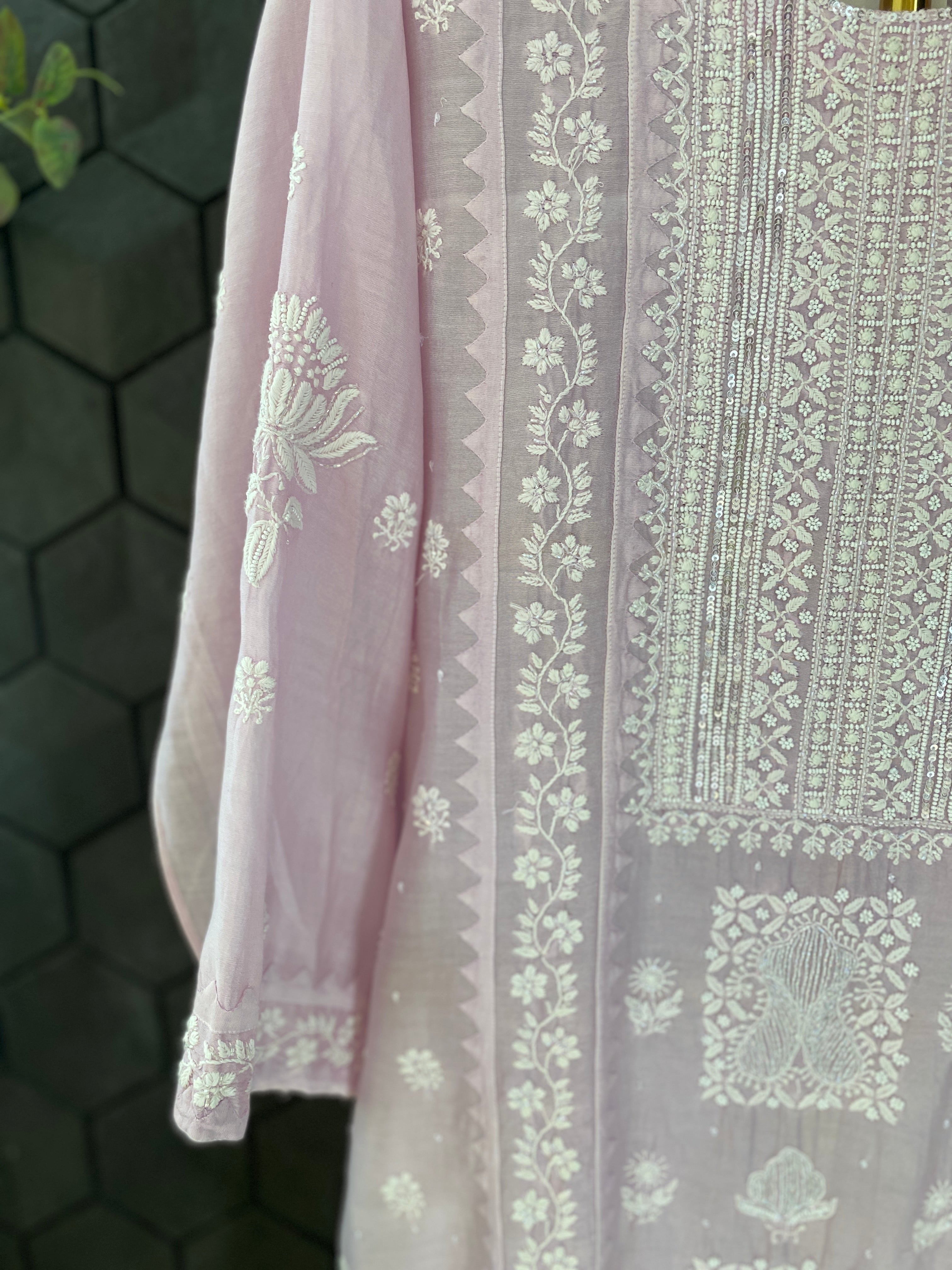 Lilac chanderi chikankari kurta set