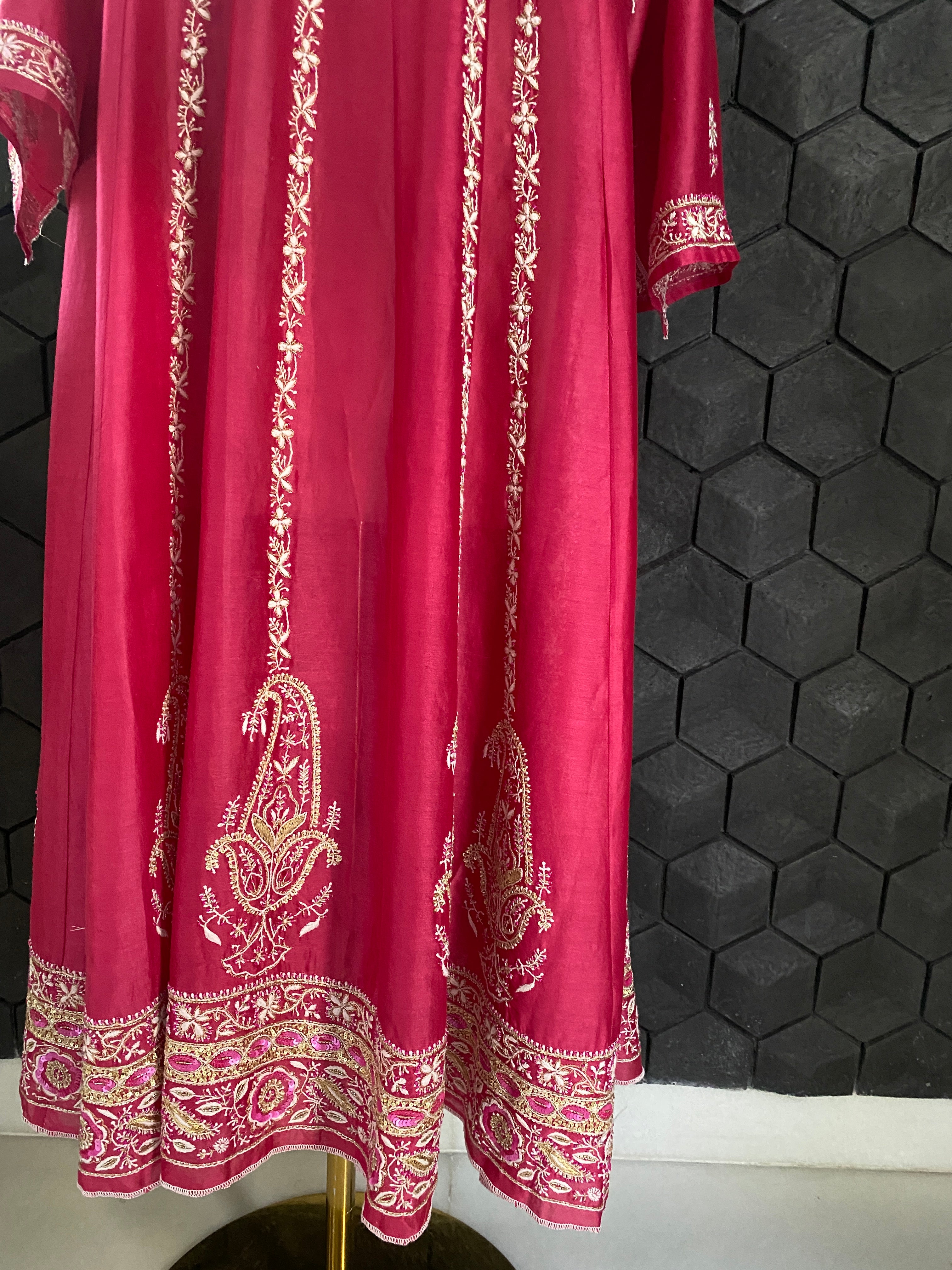 Fuchsia pink chanderi Anarkali set