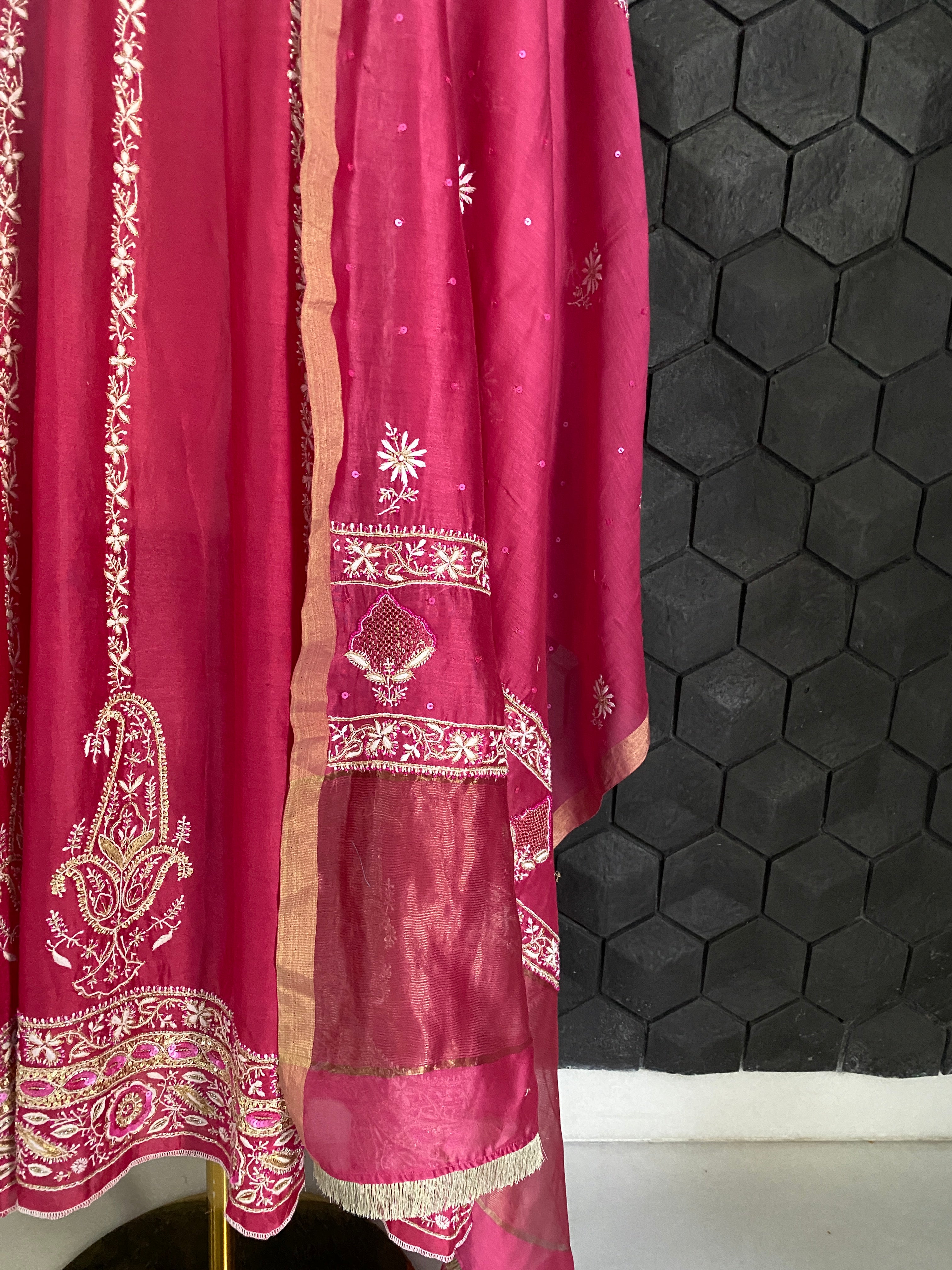 Fuchsia pink chanderi Anarkali set