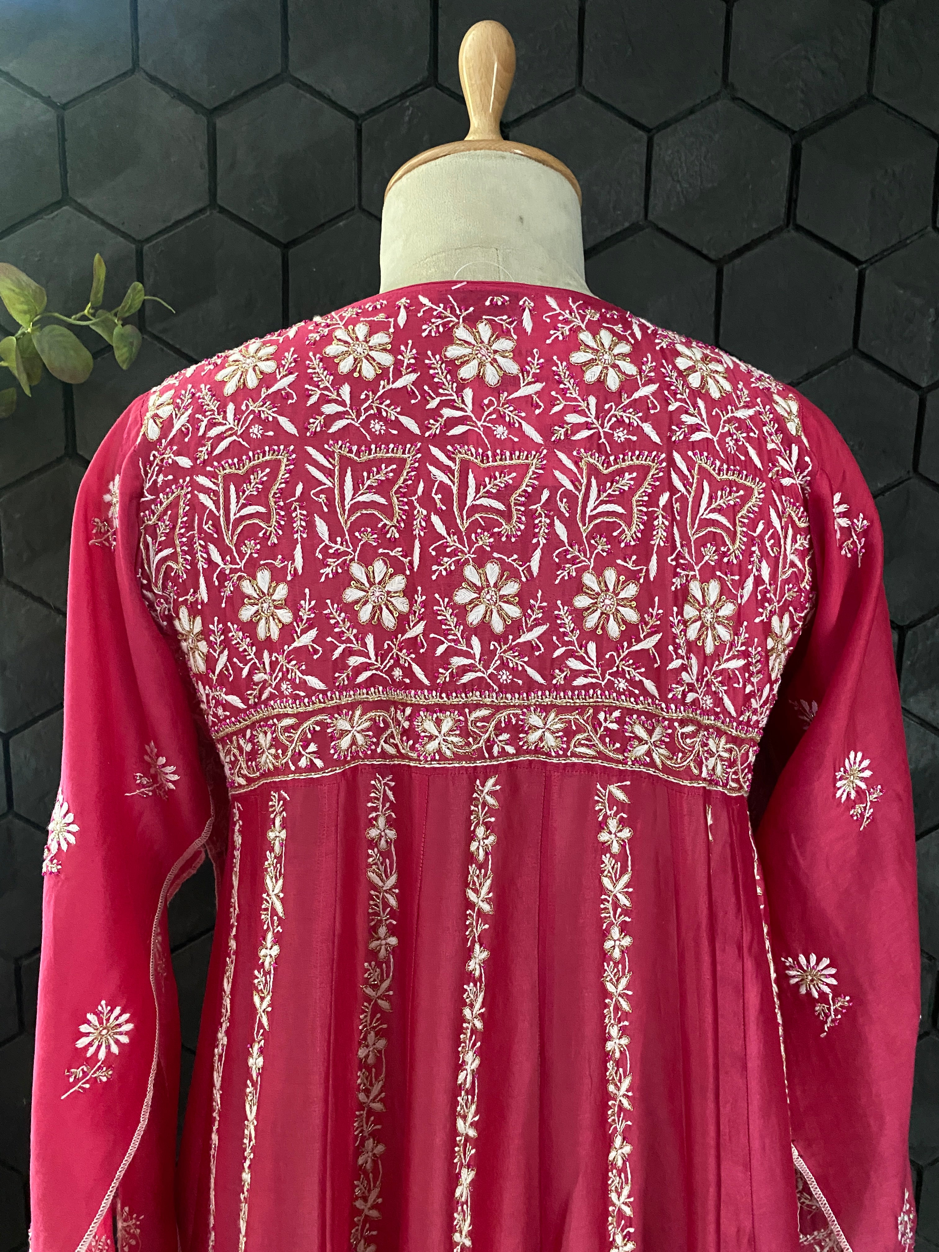 Fuchsia pink chanderi Anarkali set