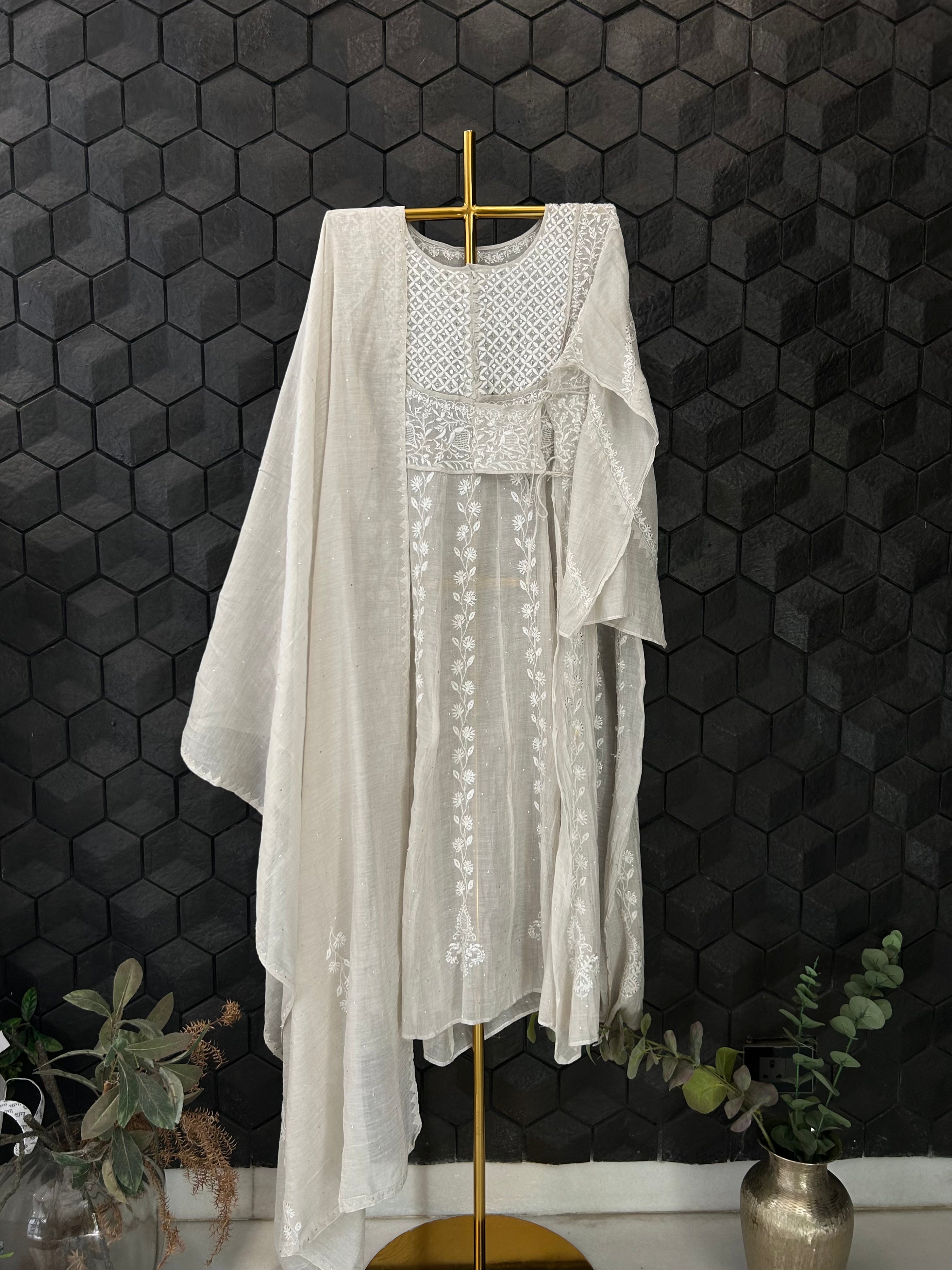 Silver Tissue Chikankari Angarkha Kurta Set