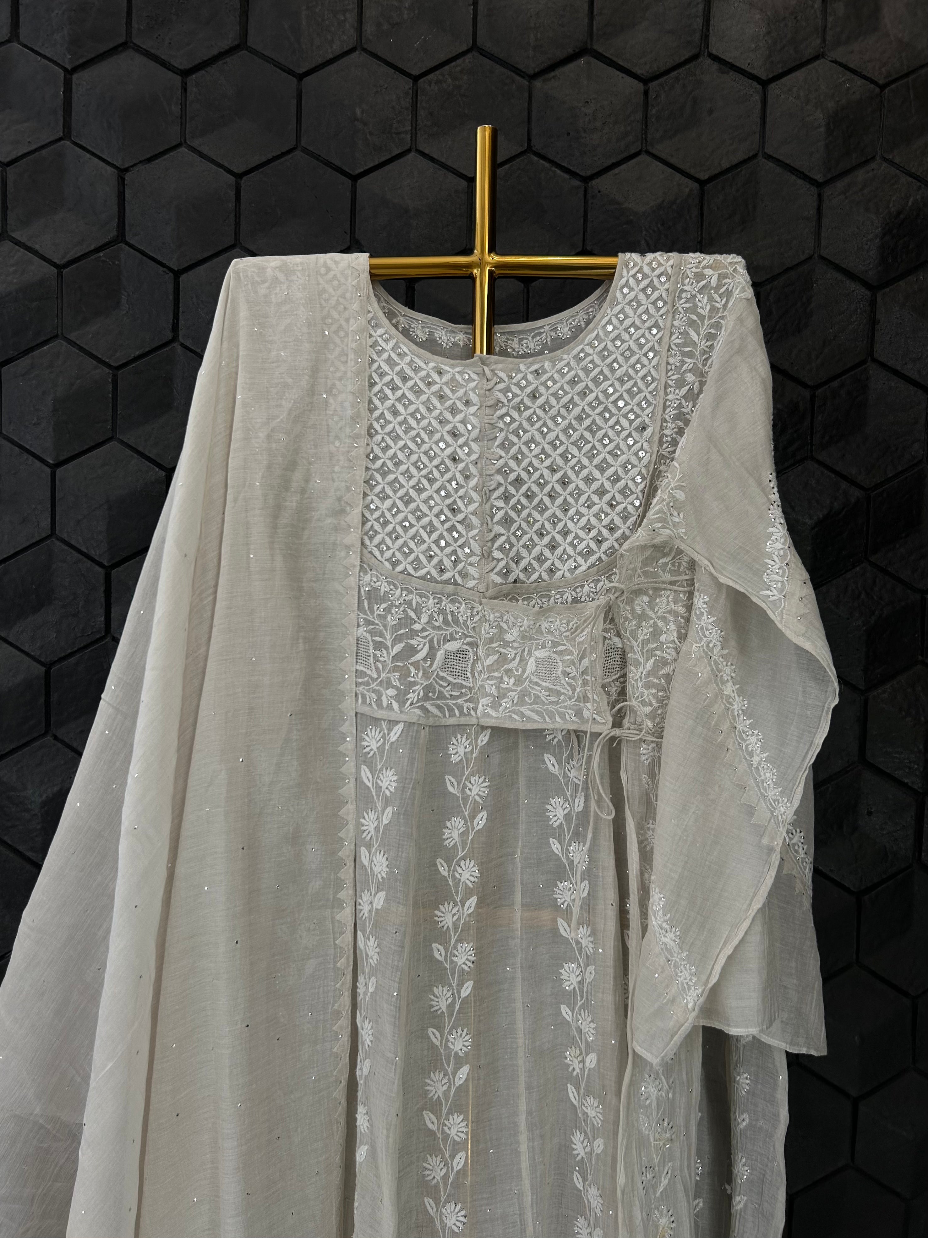 Silver Tissue Chikankari Angarkha Kurta Set