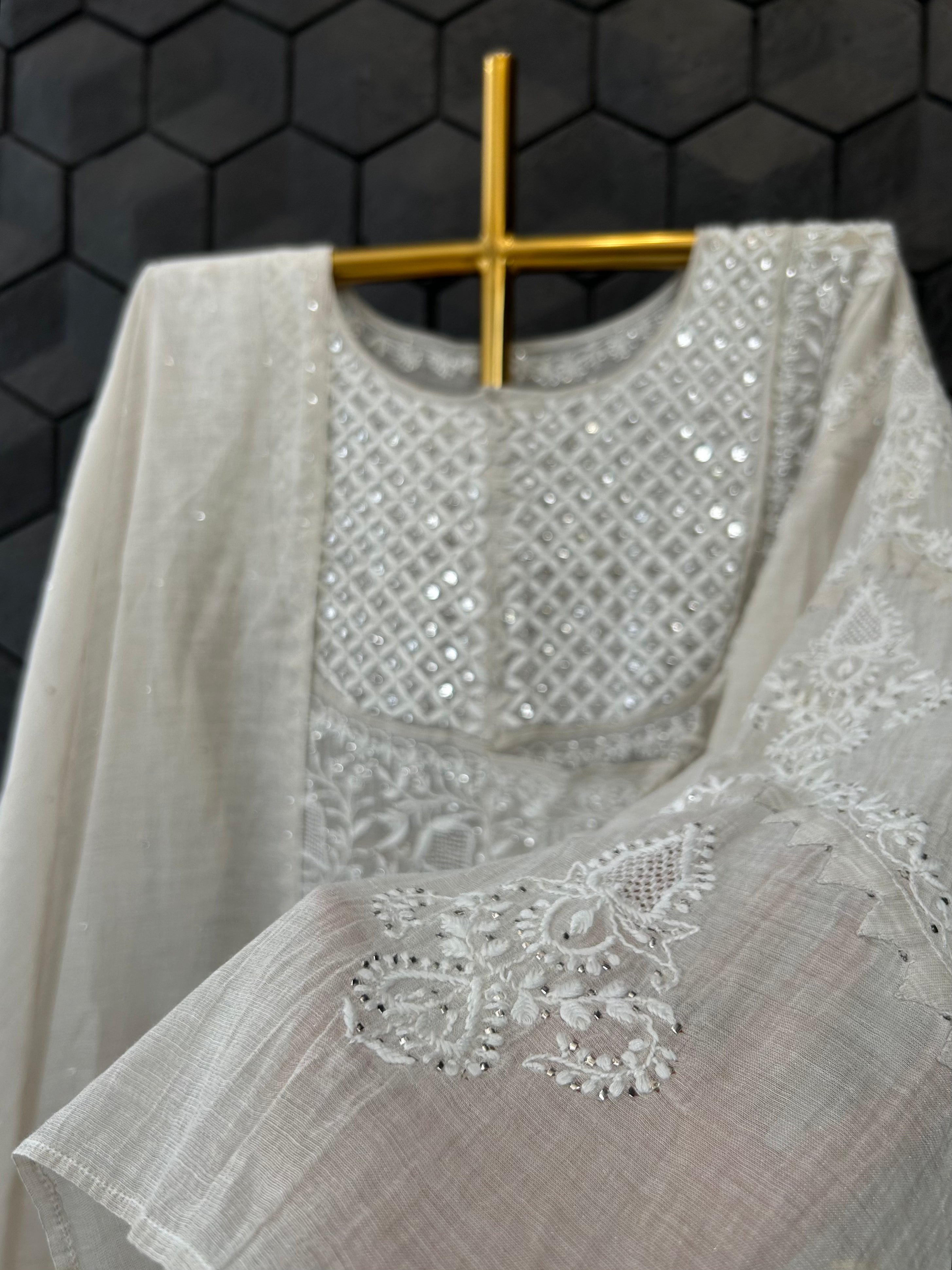 Silver Tissue Chikankari Angarkha Kurta Set