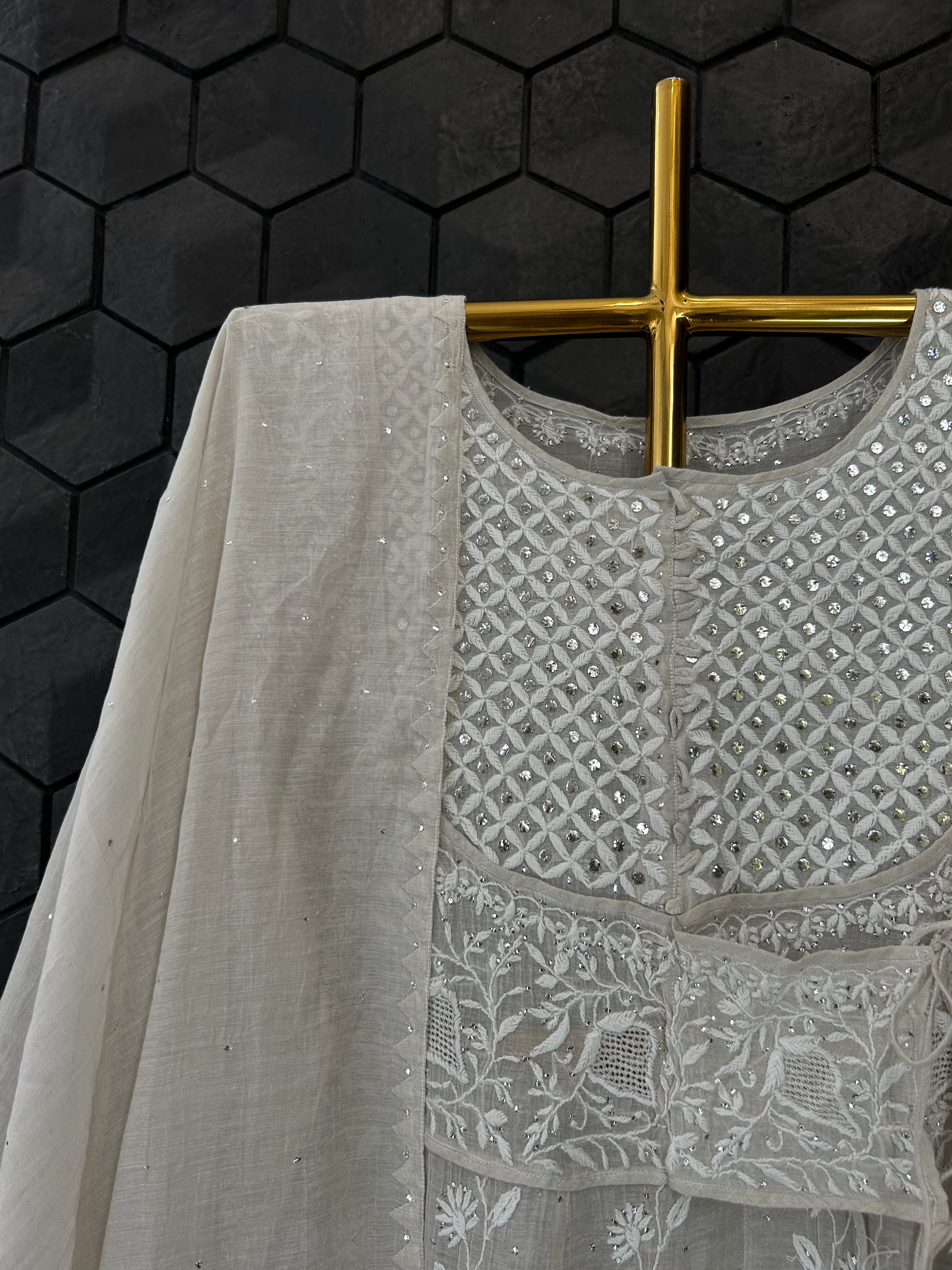 Silver Tissue Chikankari Angarkha Kurta Set