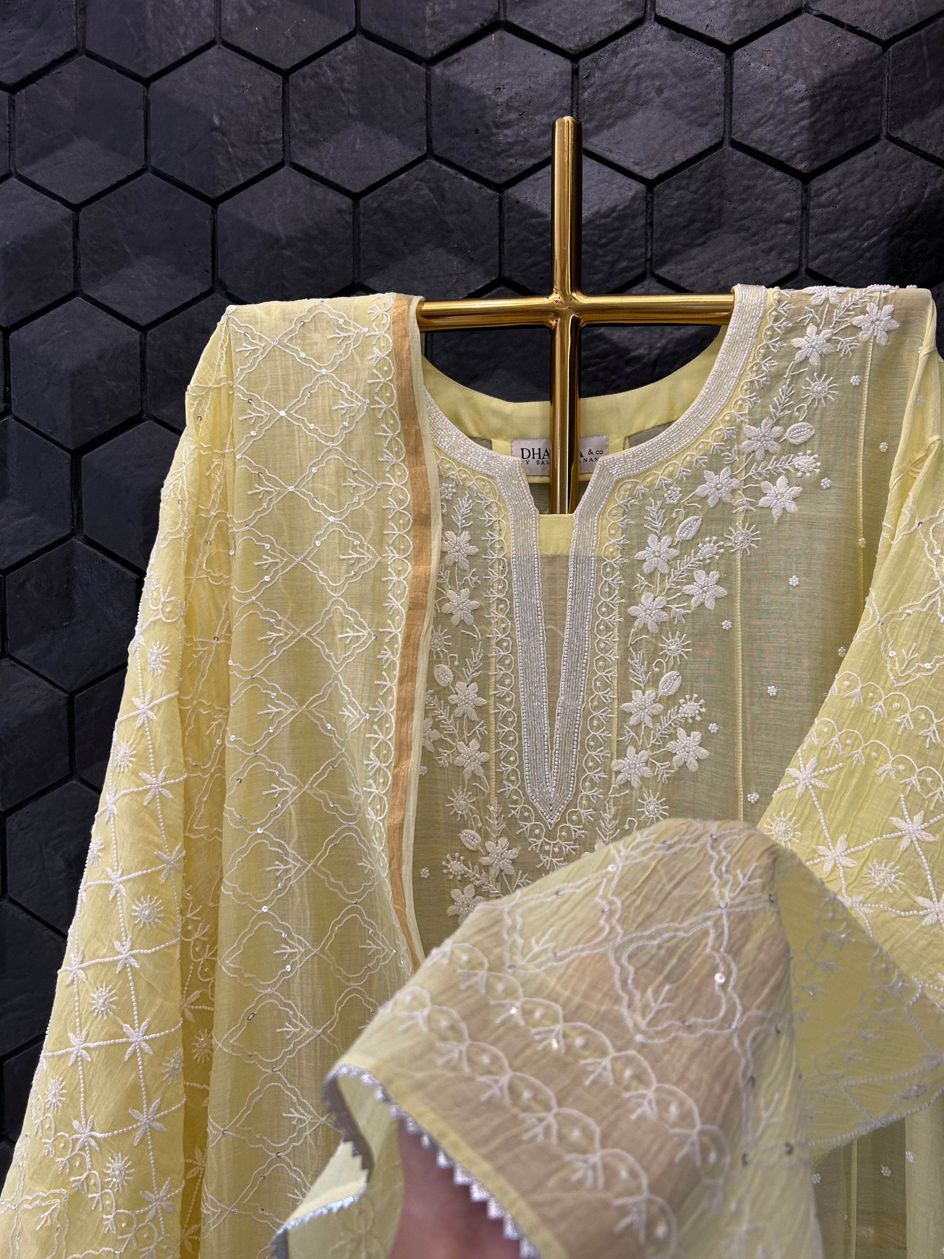 Yellow Mul Chanderi Chikankari Anarkali Set