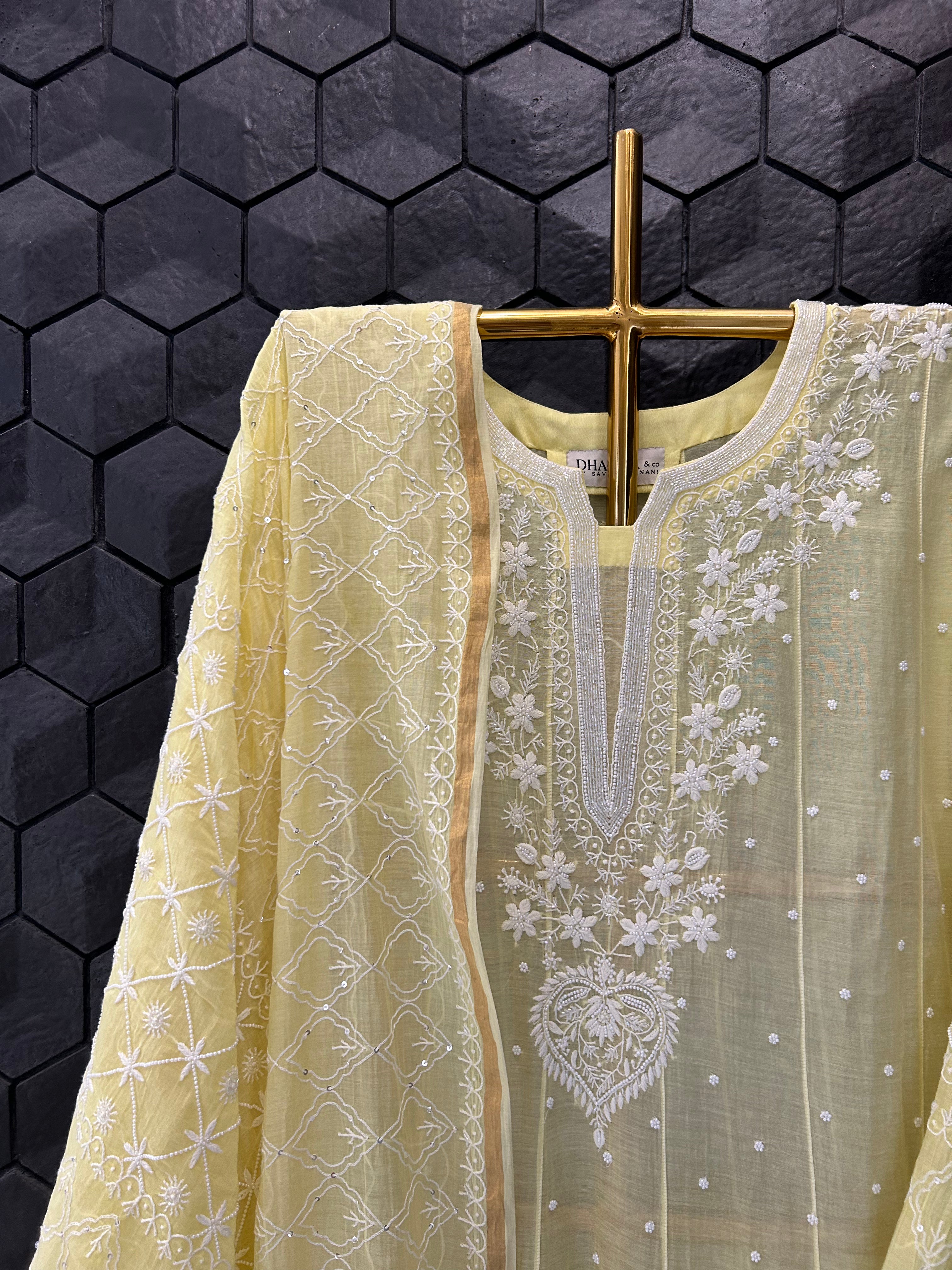 Yellow Mul Chanderi Chikankari Anarkali Set