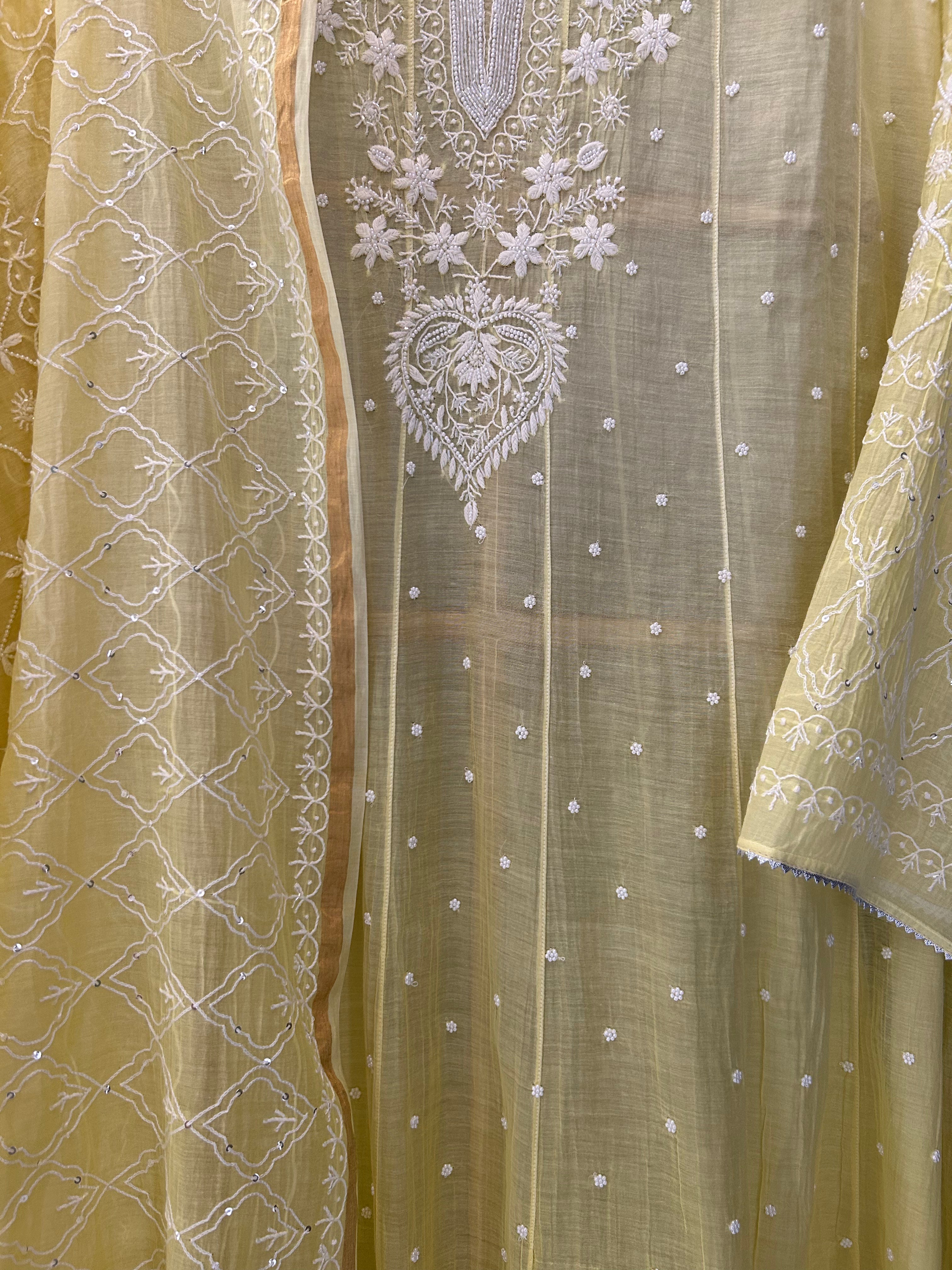 Yellow Mul Chanderi Chikankari Anarkali Set