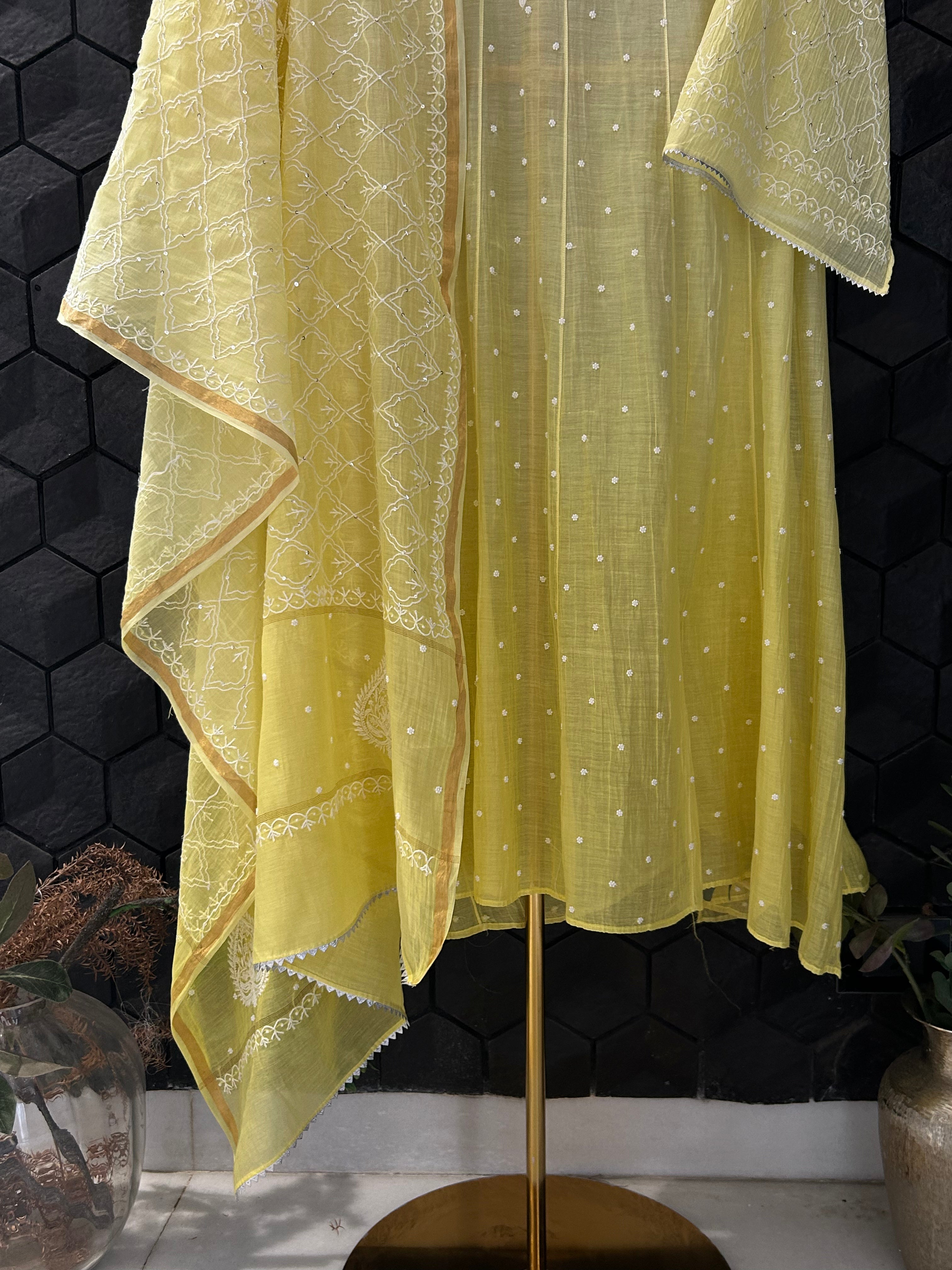 Yellow Mul Chanderi Chikankari Anarkali Set