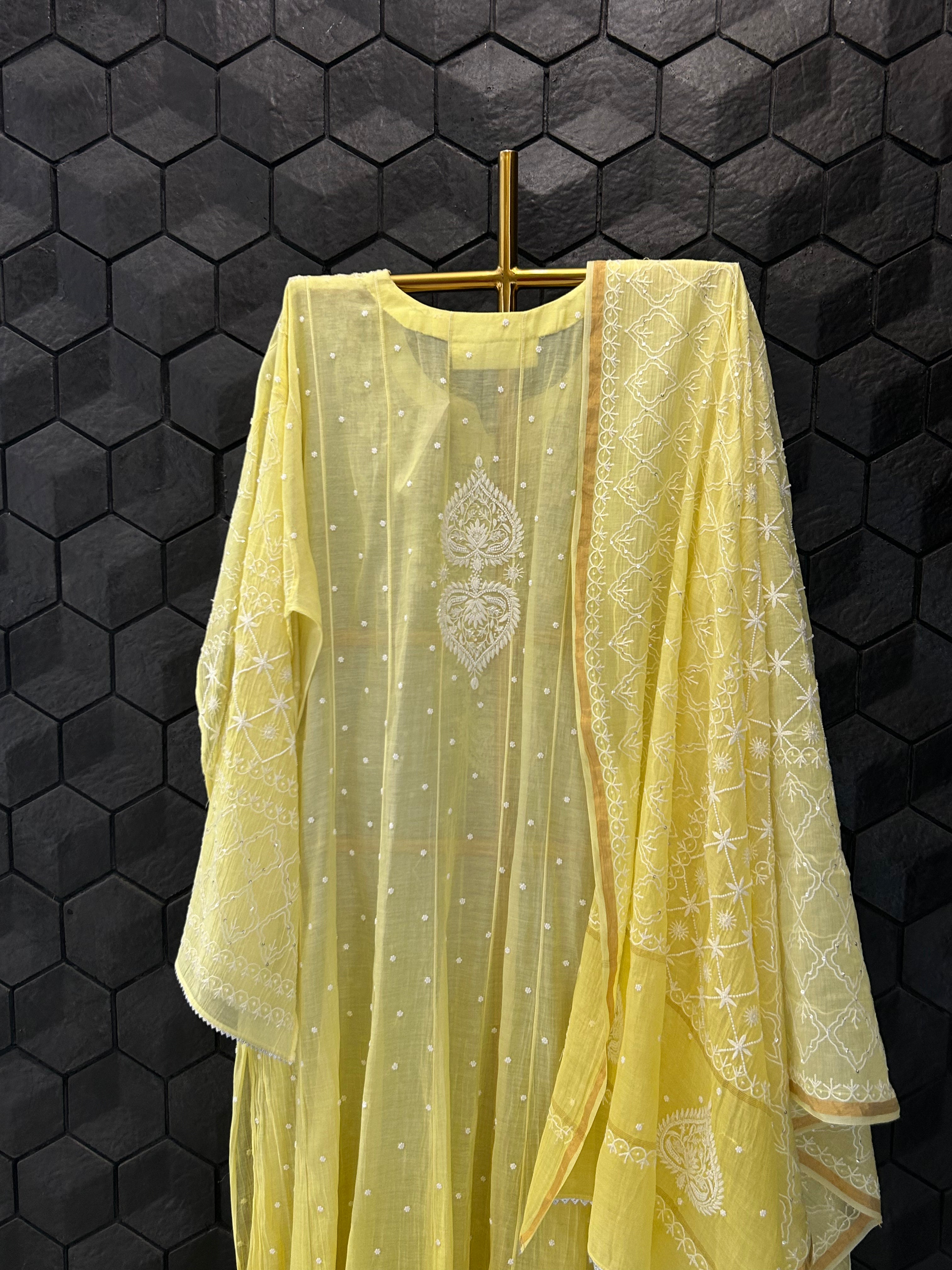 Yellow Mul Chanderi Chikankari Anarkali Set